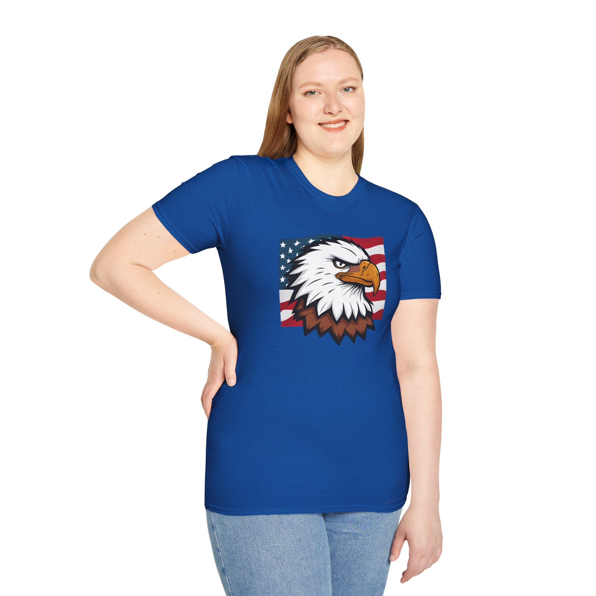 Patriotic Eagle Graphic T-Shirt, Unisex Softstyle Tee for Independence Day, Casual Wear, Gift for Veterans, American Pride Clothing