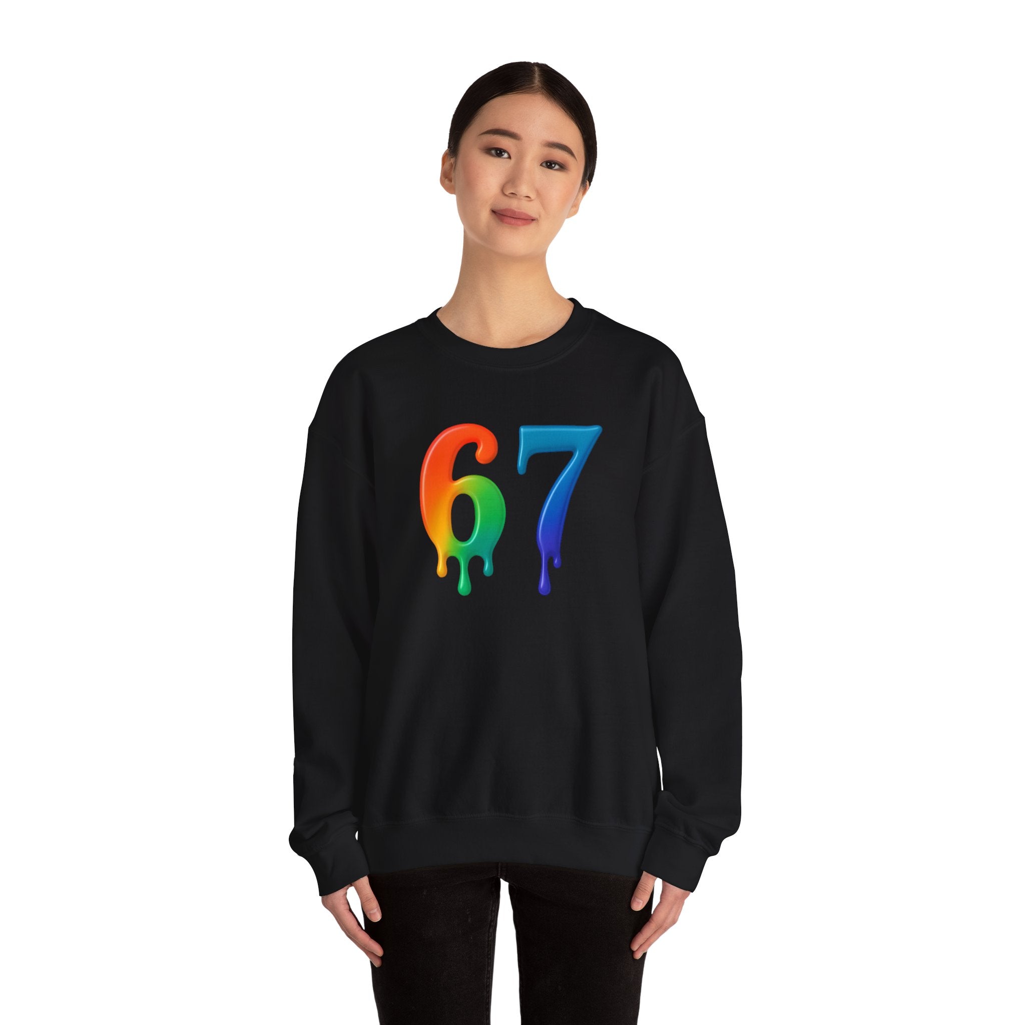 Colorful Drip 67 Sweatshirt, Cozy Unisex Crewneck, Gift for Friends, Rainbow Sweatshirt, Casual Everyday Wear, Birthday Apparel