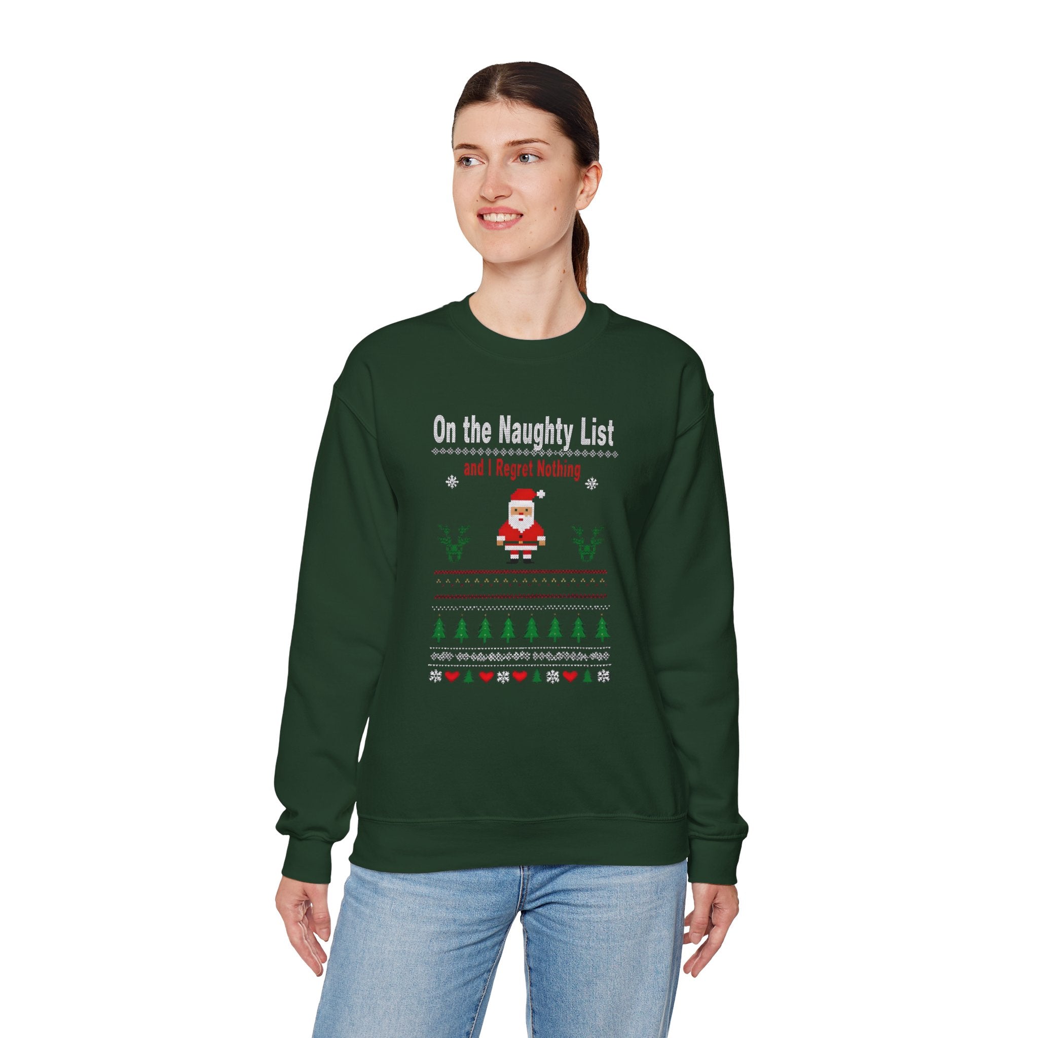 Festive Humor Sweatshirt: On the Naughty List, Christmas Gift, Holiday Apparel, Cozy Crewneck, Unisex Sweatshirt
