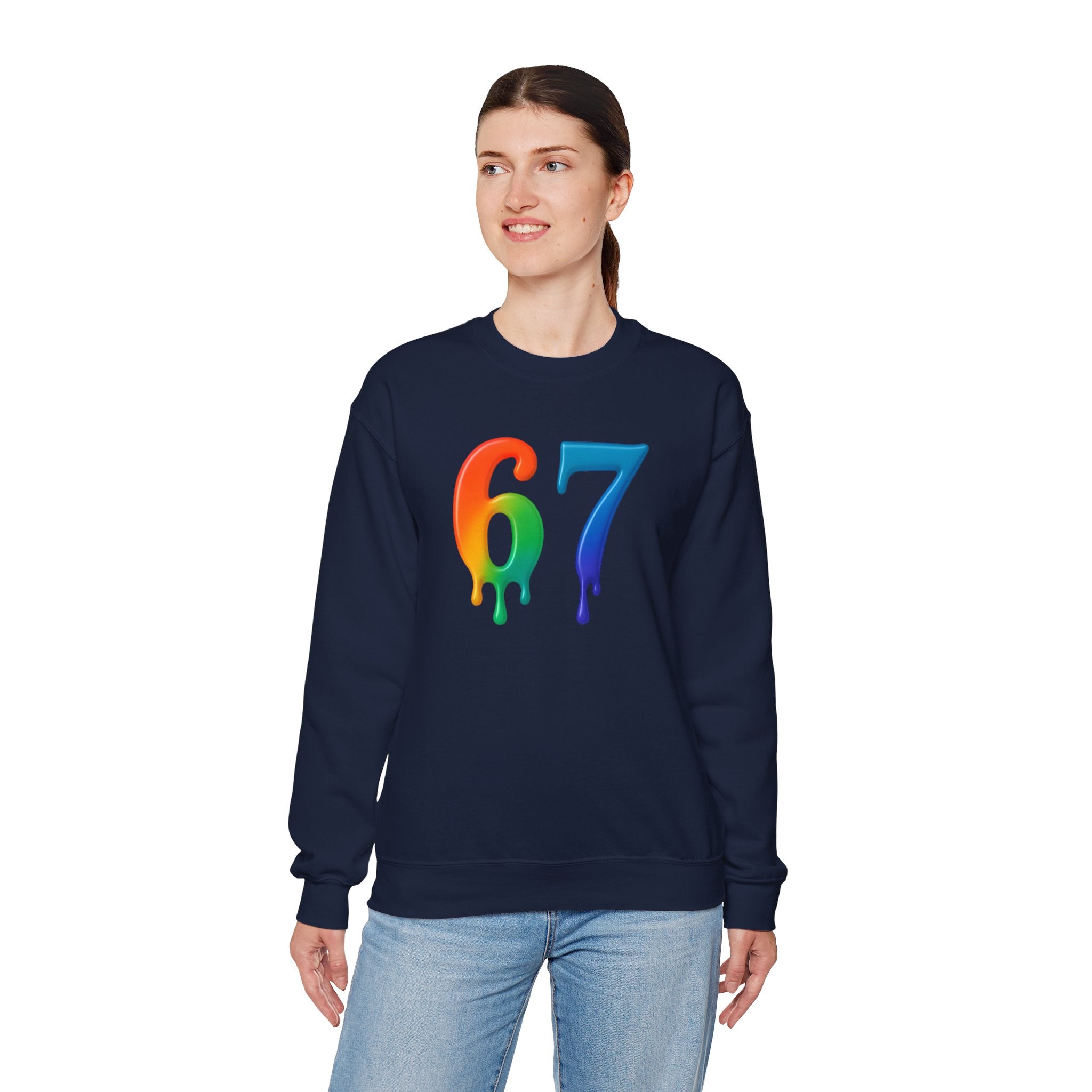 Colorful Drip 67 Sweatshirt, Cozy Unisex Crewneck, Gift for Friends, Rainbow Sweatshirt, Casual Everyday Wear, Birthday Apparel