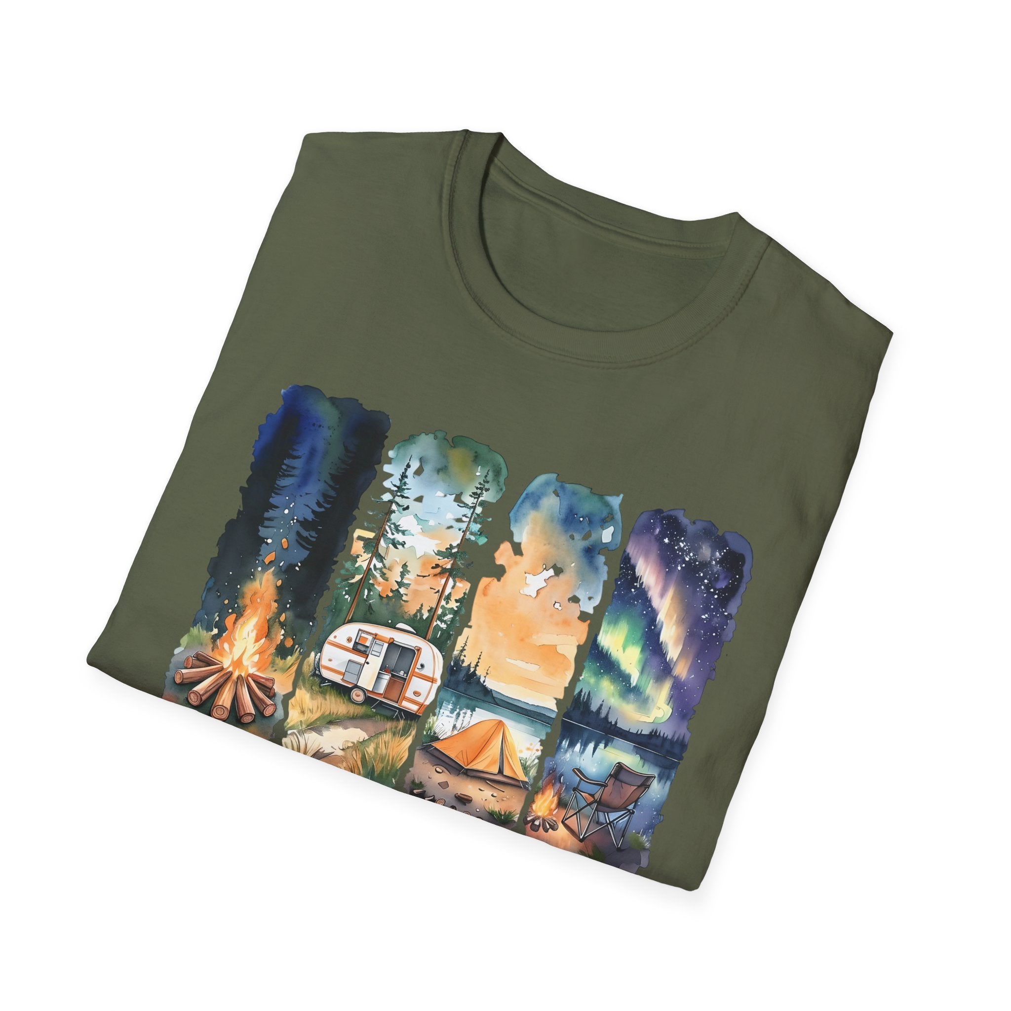 Camping Life T‑Shirt — Retro Campsite Scenes (Campfire, Trailer, Tent, Northern Lights)