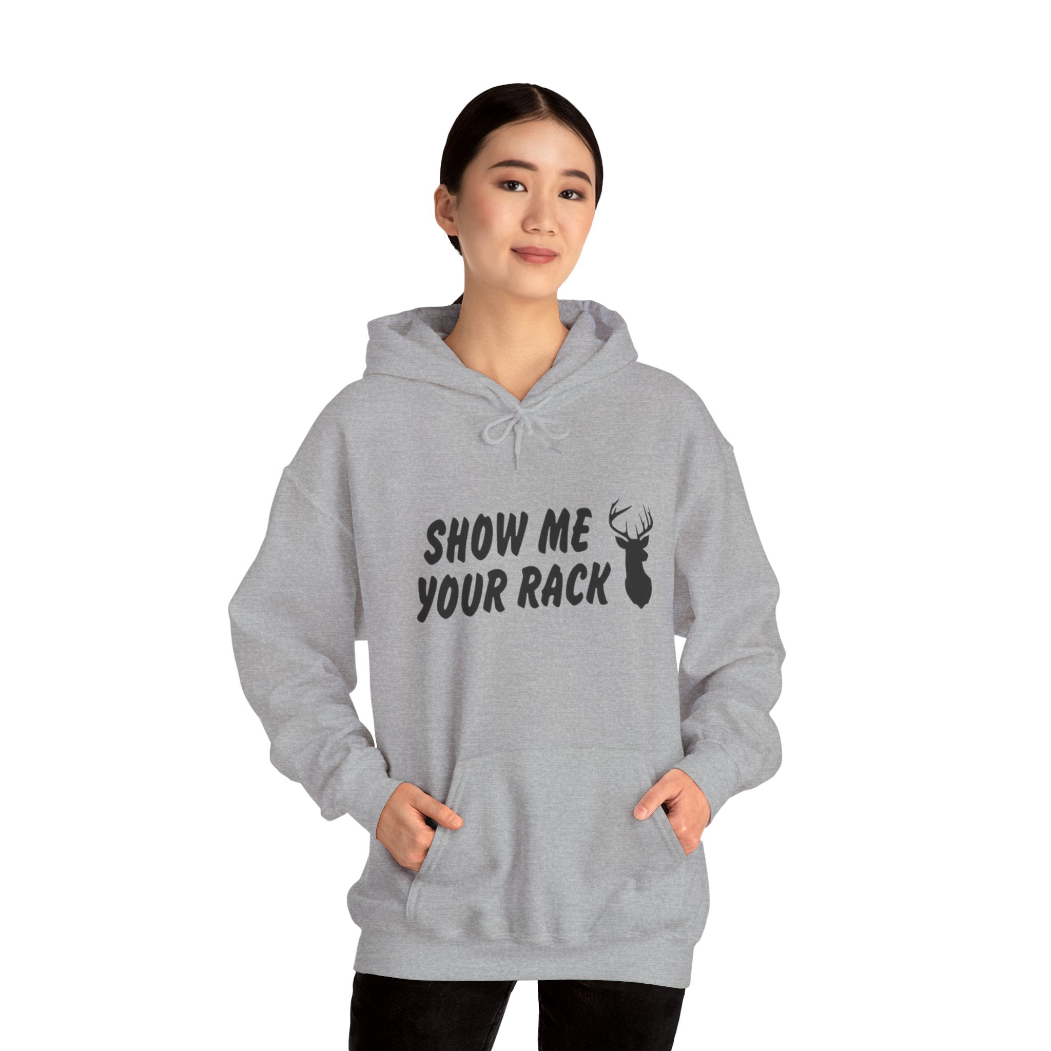 Funny Hunting Hoodie - Show Me Your Rack, Unisex Sweatshirt for Outdoors, Gift for Hunters, Casual Wear, Holiday Apparel