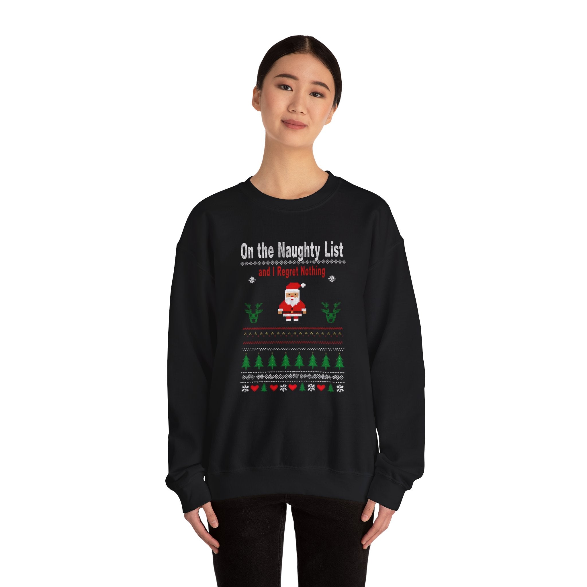 Festive Humor Sweatshirt: On the Naughty List, Christmas Gift, Holiday Apparel, Cozy Crewneck, Unisex Sweatshirt