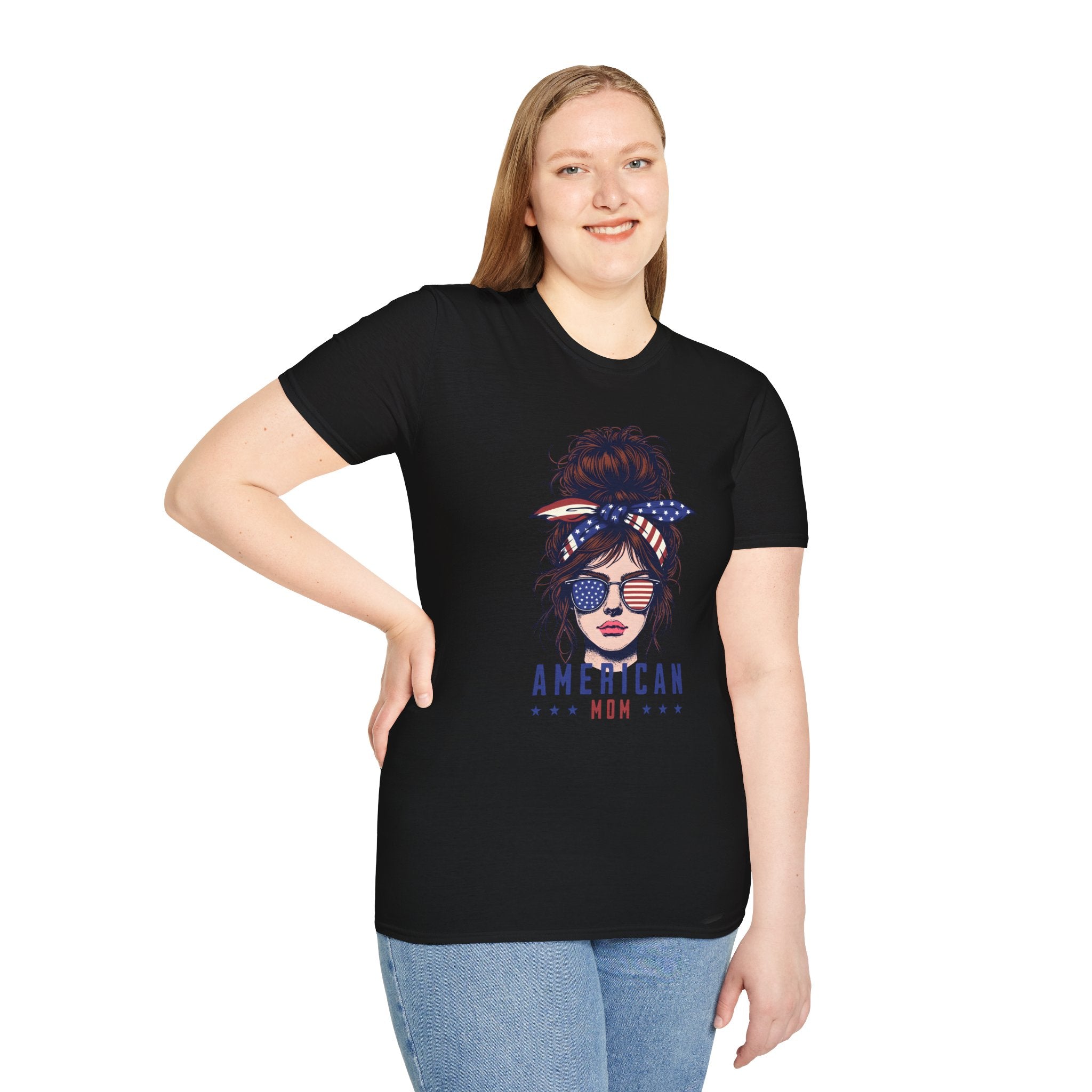American Mom T-Shirt — Patriotic Messy Bun Sunglasses Tee