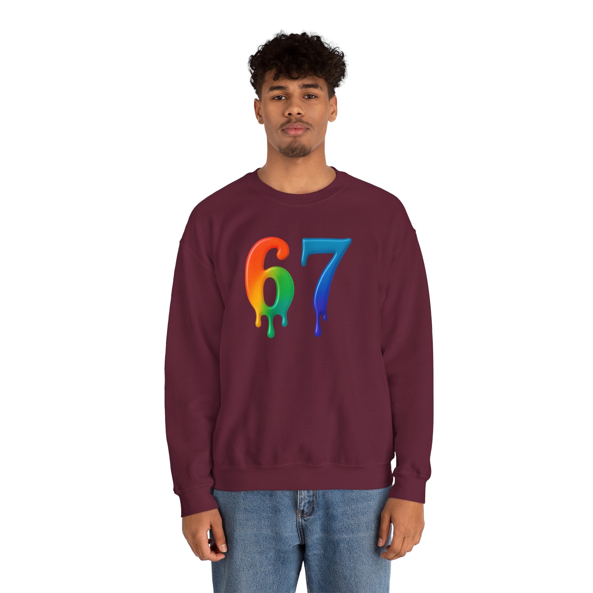 Colorful Drip 67 Sweatshirt, Cozy Unisex Crewneck, Gift for Friends, Rainbow Sweatshirt, Casual Everyday Wear, Birthday Apparel