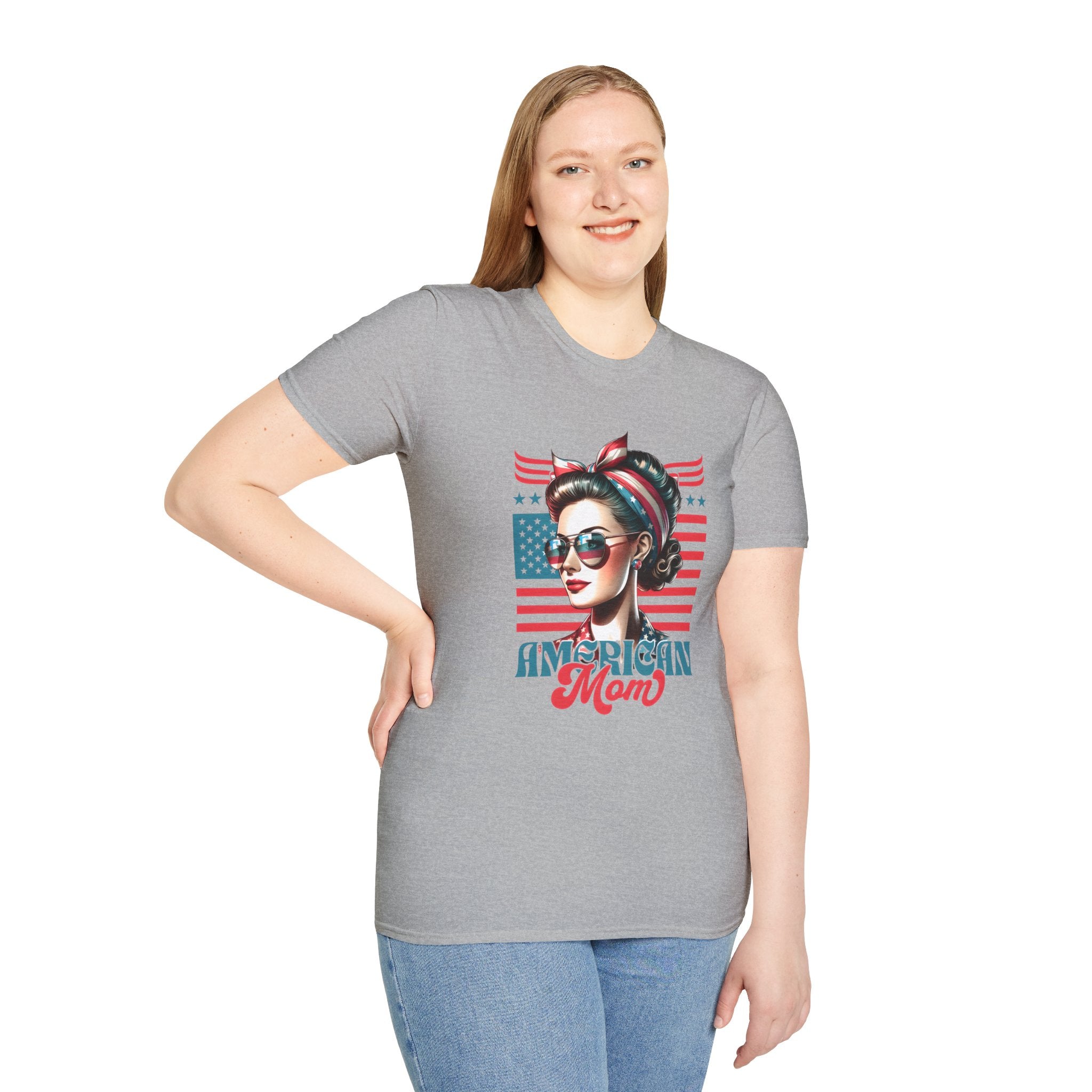 American Mom T-Shirt — Patriotic Retro Rosie Women’s Tee (Stars & Stripes)