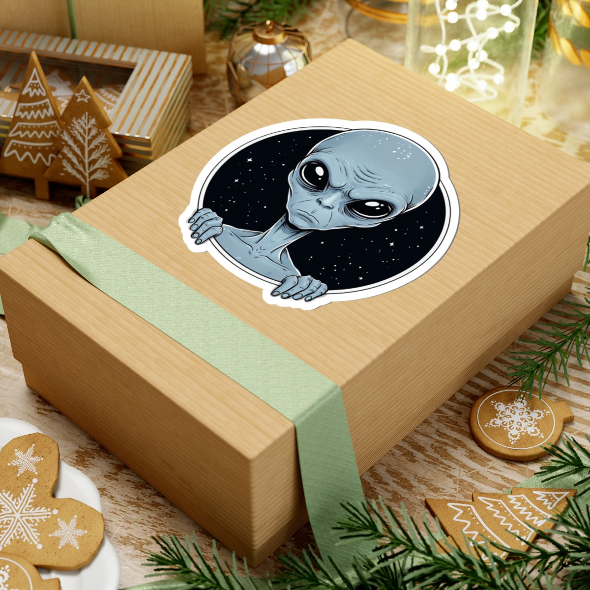 Alien Peeking Sticker — Cute Blue ET Space Laptop Decal (Kiss-Cut)