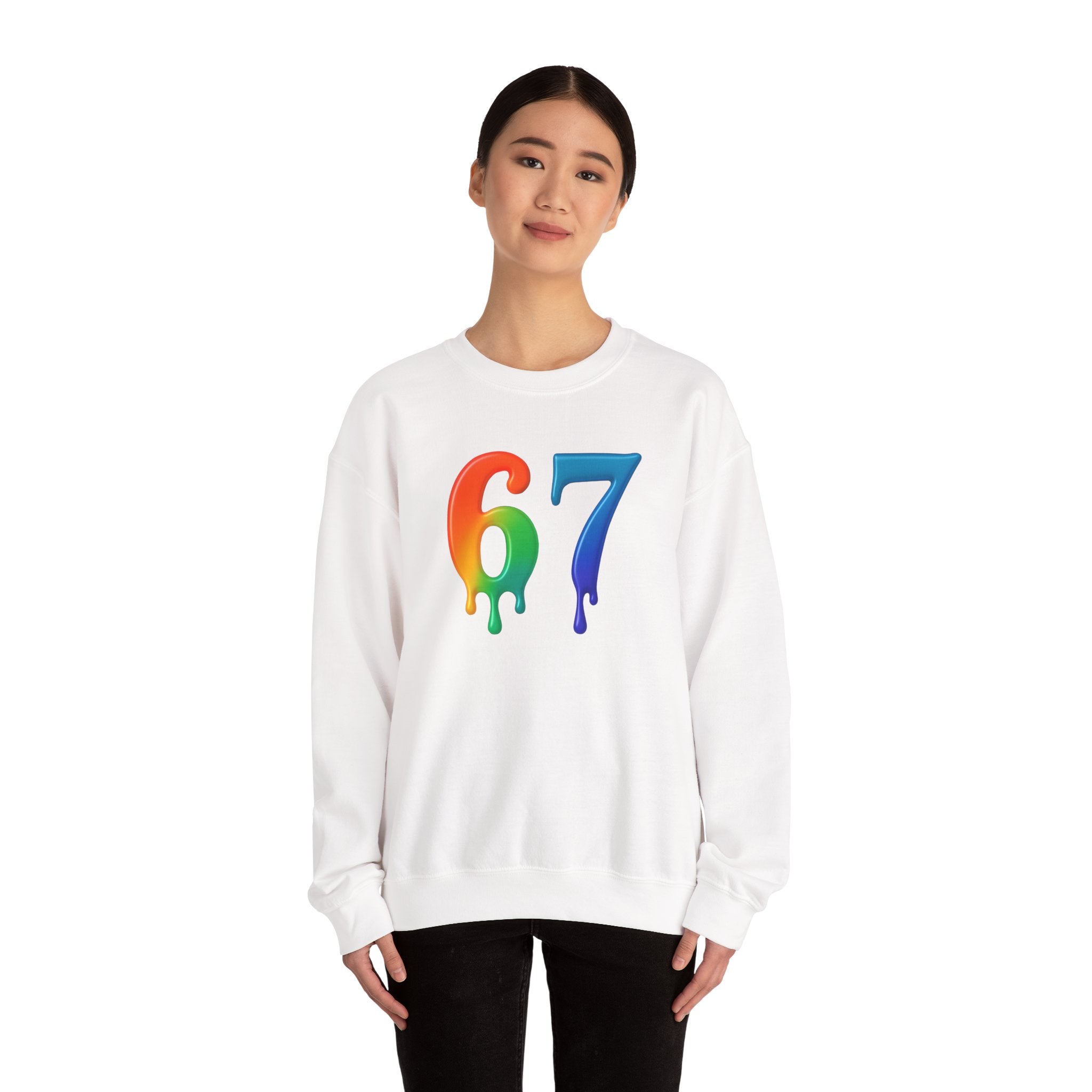 Colorful Drip 67 Sweatshirt, Cozy Unisex Crewneck, Gift for Friends, Rainbow Sweatshirt, Casual Everyday Wear, Birthday Apparel