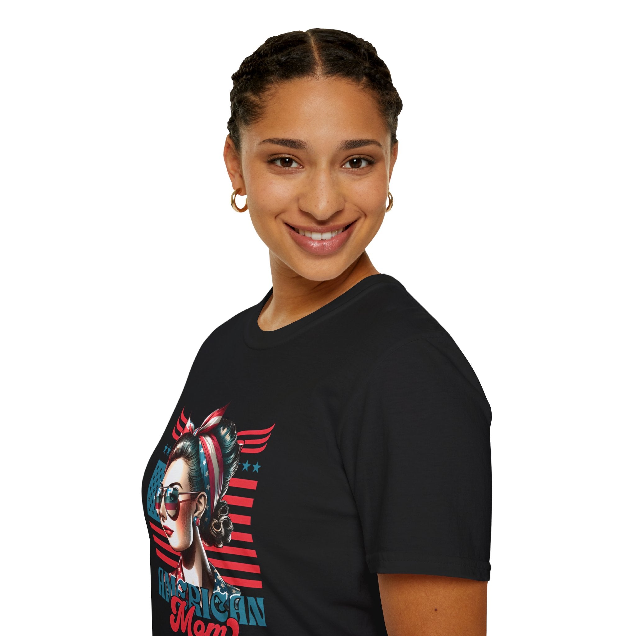 American Mom T-Shirt — Patriotic Retro Rosie Women’s Tee (Stars & Stripes)