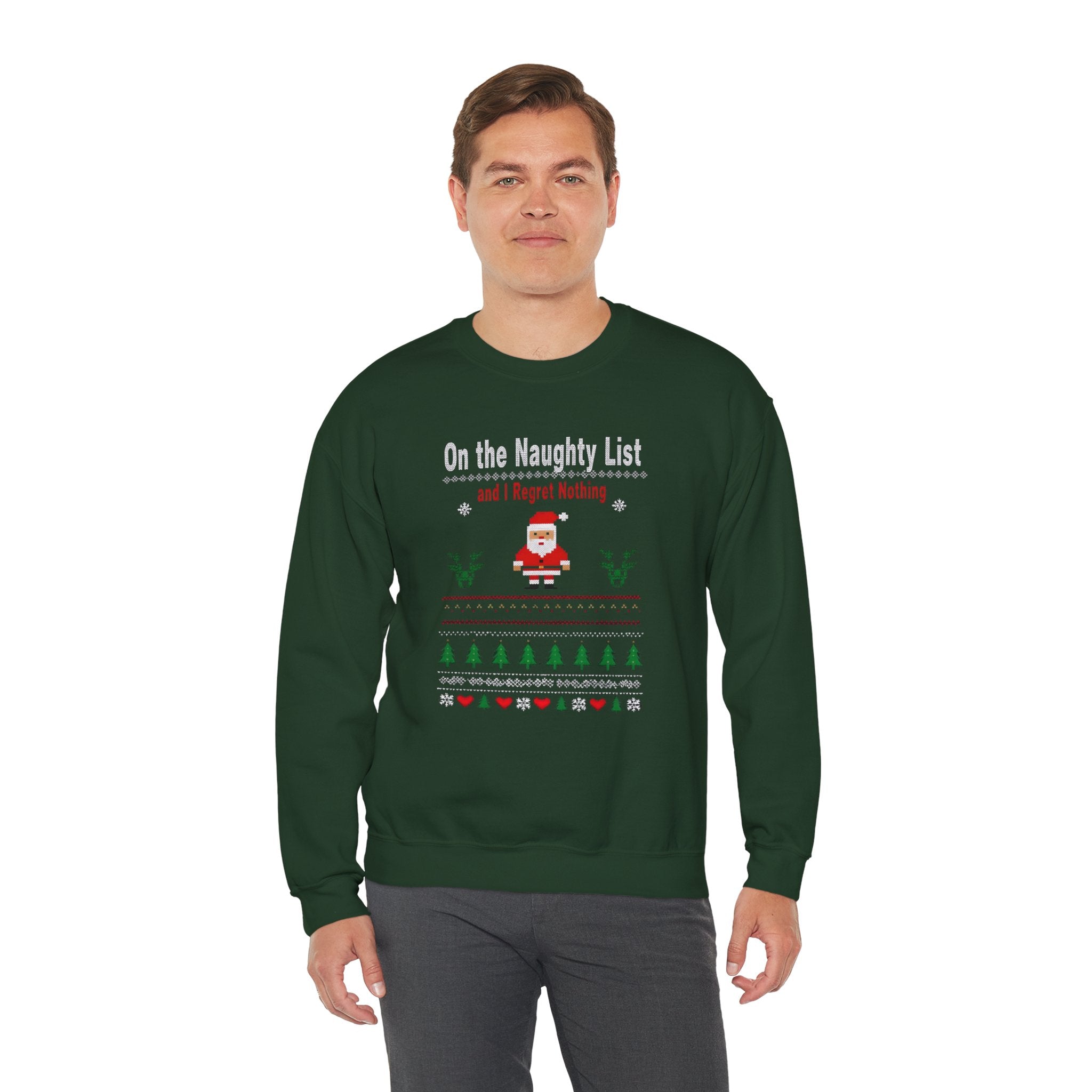 Festive Humor Sweatshirt: On the Naughty List, Christmas Gift, Holiday Apparel, Cozy Crewneck, Unisex Sweatshirt