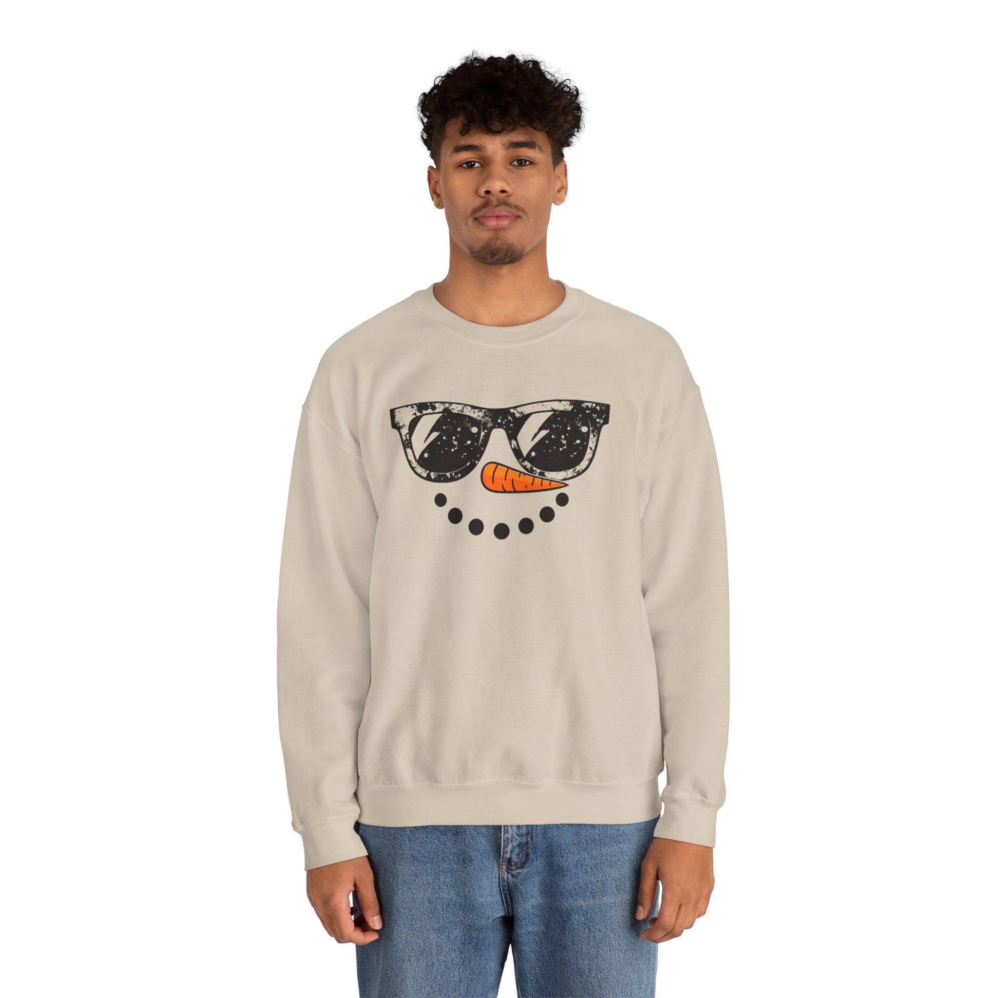 Snowman Face Crewneck Sweatshirt — Sunglasses & Carrot Nose Holiday Sweater