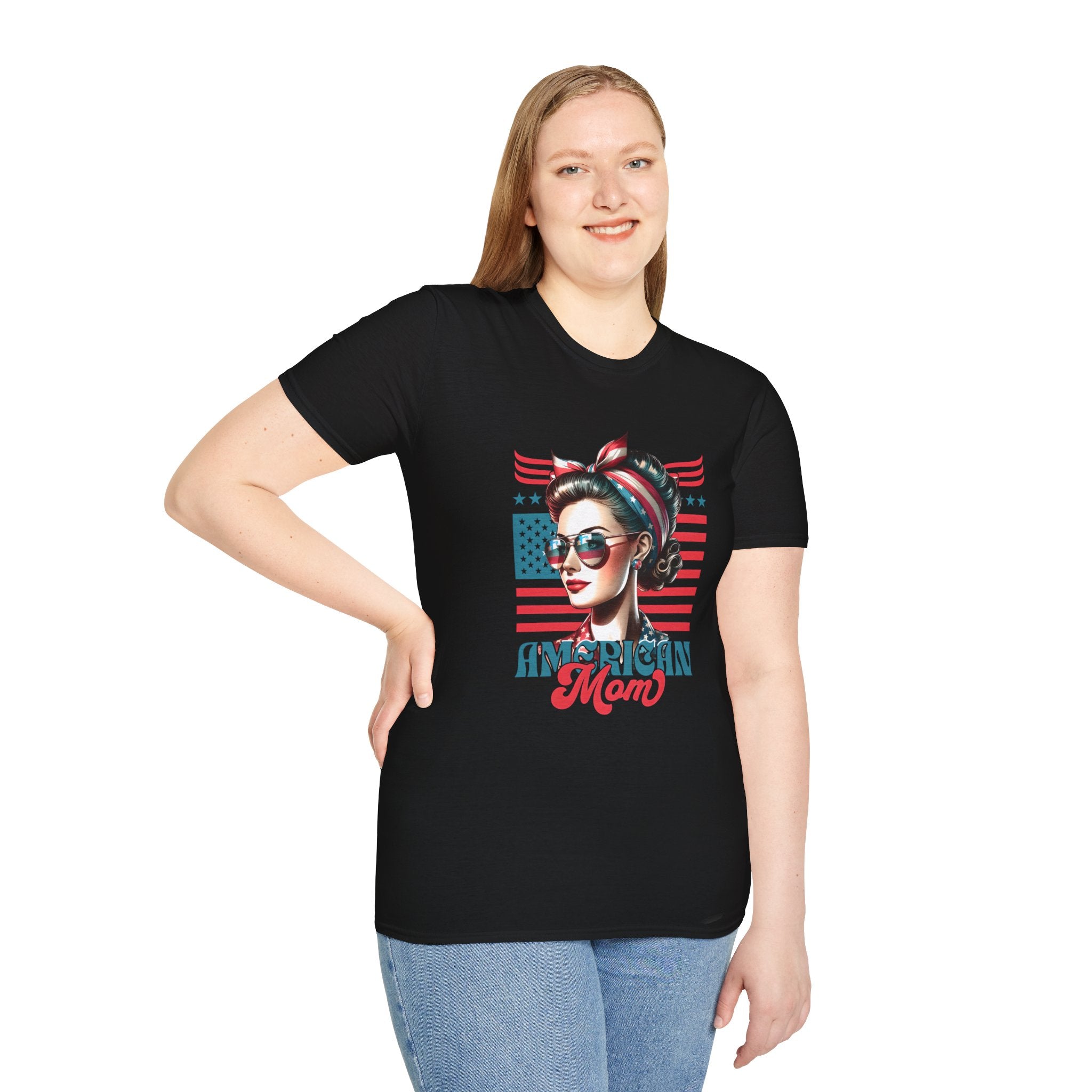 American Mom T-Shirt — Patriotic Retro Rosie Women’s Tee (Stars & Stripes)
