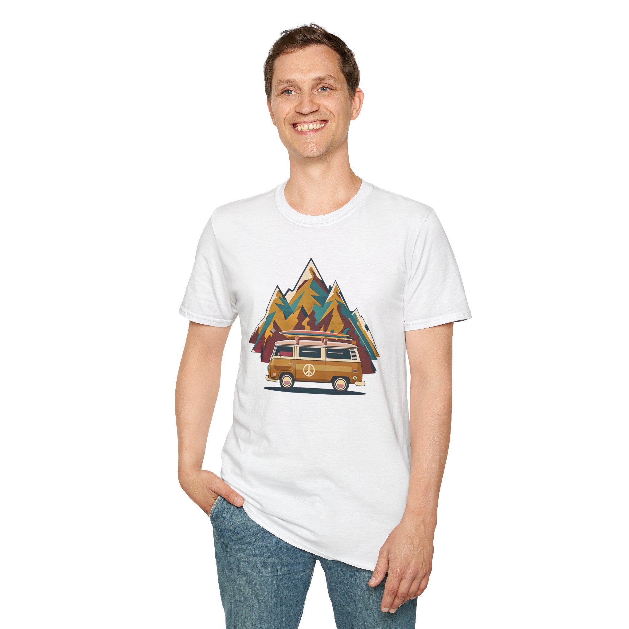 Retro Camper Van T-Shirt — Vintage Mountain Adventure Graphic Tee