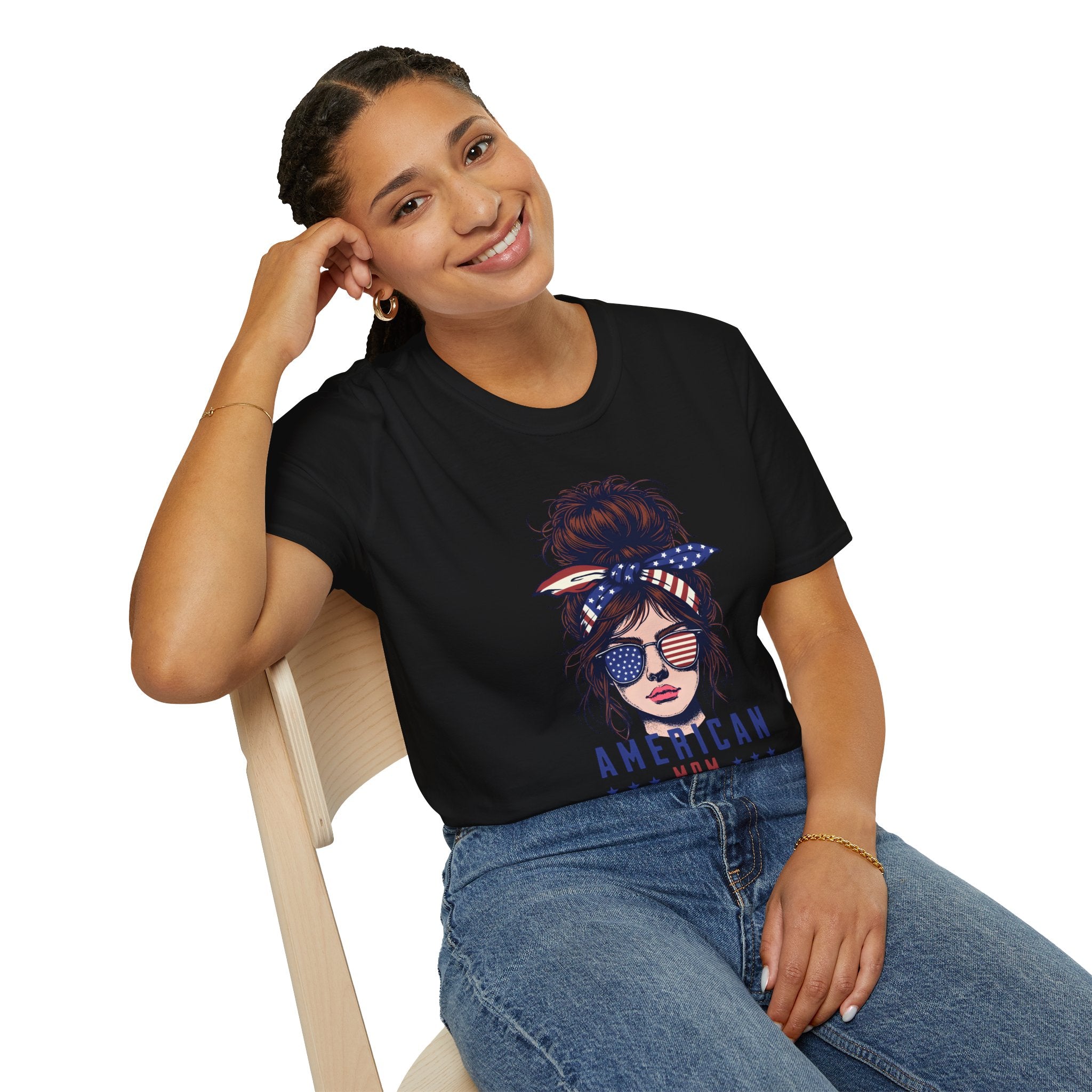 American Mom T-Shirt — Patriotic Messy Bun Sunglasses Tee