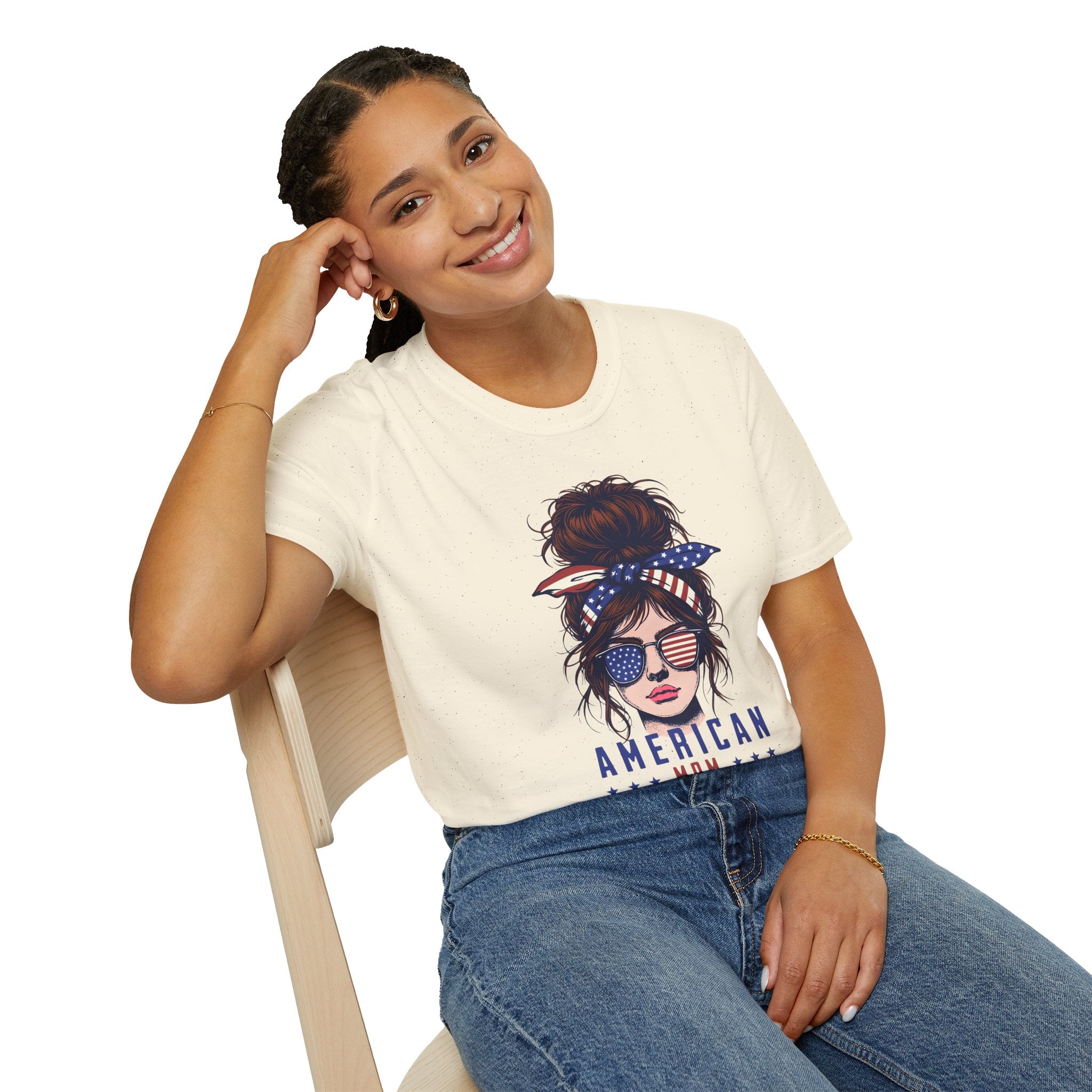 American Mom T-Shirt — Patriotic Messy Bun Sunglasses Tee
