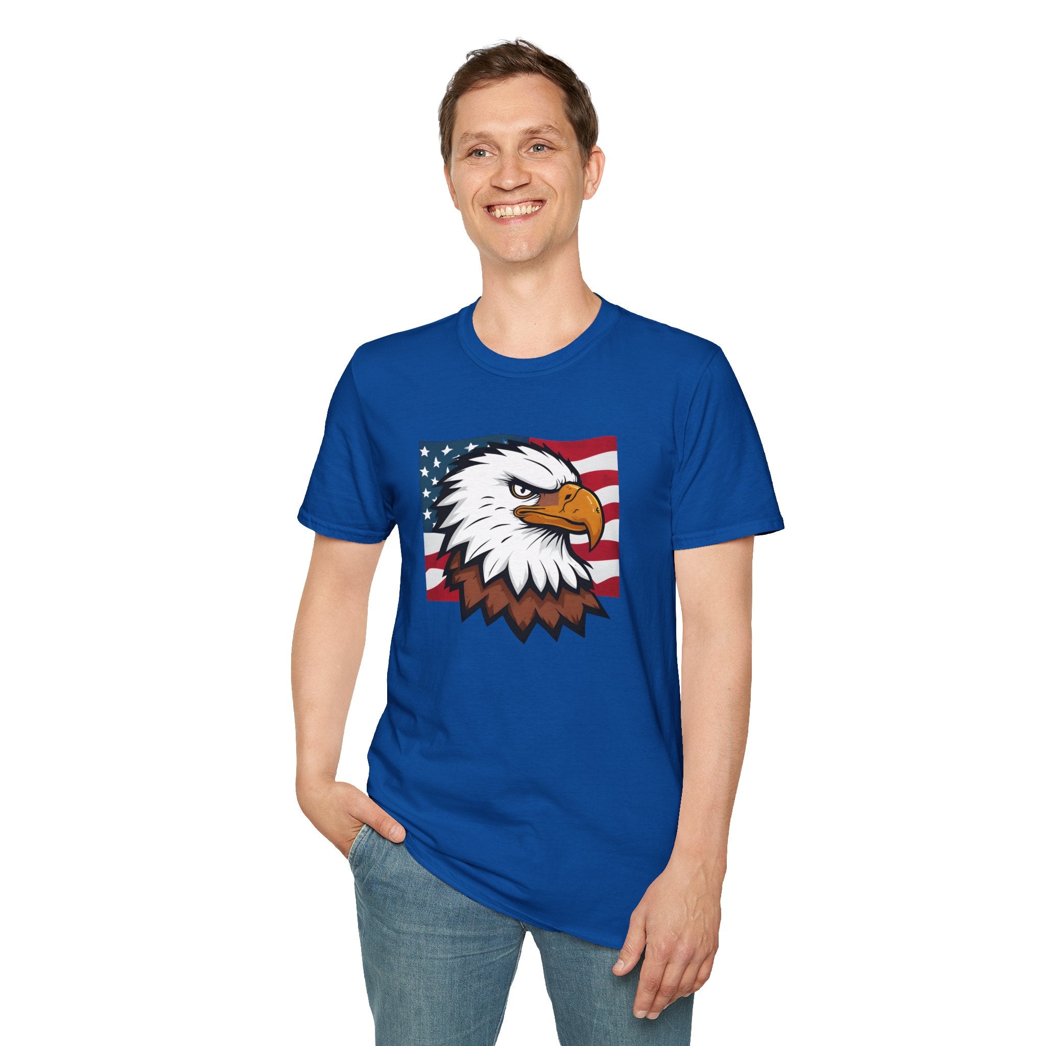 Patriotic Eagle Graphic T-Shirt, Unisex Softstyle Tee for Independence Day, Casual Wear, Gift for Veterans, American Pride Clothing