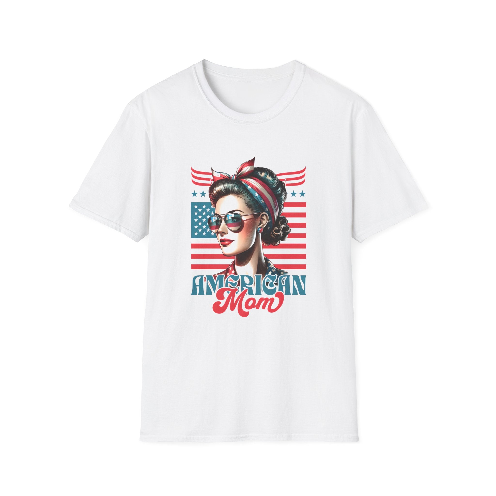 American Mom T-Shirt — Patriotic Retro Rosie Women’s Tee (Stars & Stripes)