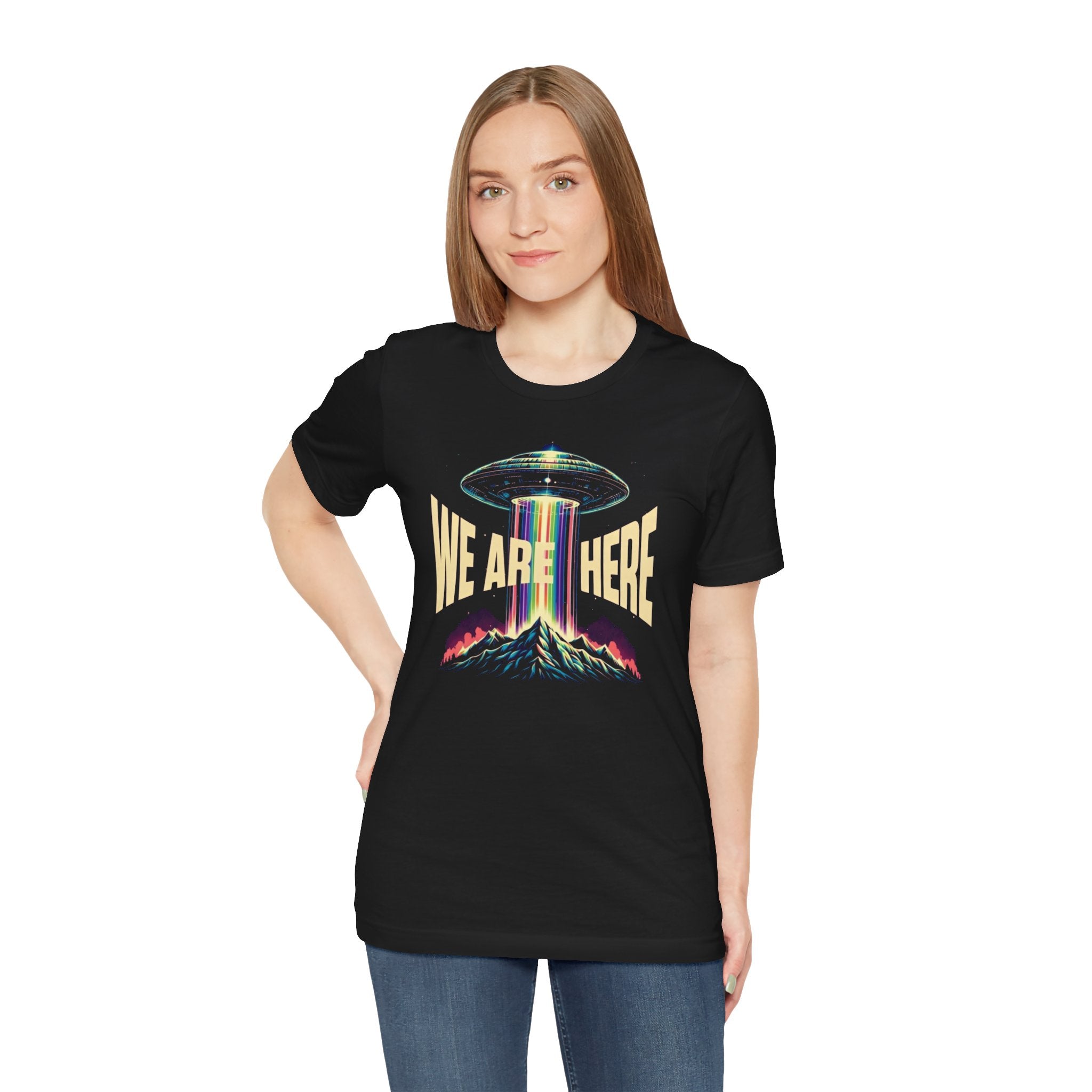 We Are Here UFO T‑Shirt — Retro Alien Abduction Graphic Tee