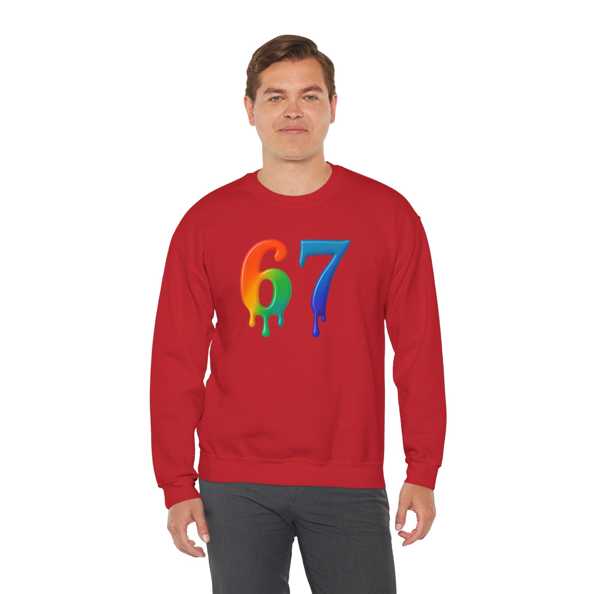 Colorful Drip 67 Sweatshirt, Cozy Unisex Crewneck, Gift for Friends, Rainbow Sweatshirt, Casual Everyday Wear, Birthday Apparel