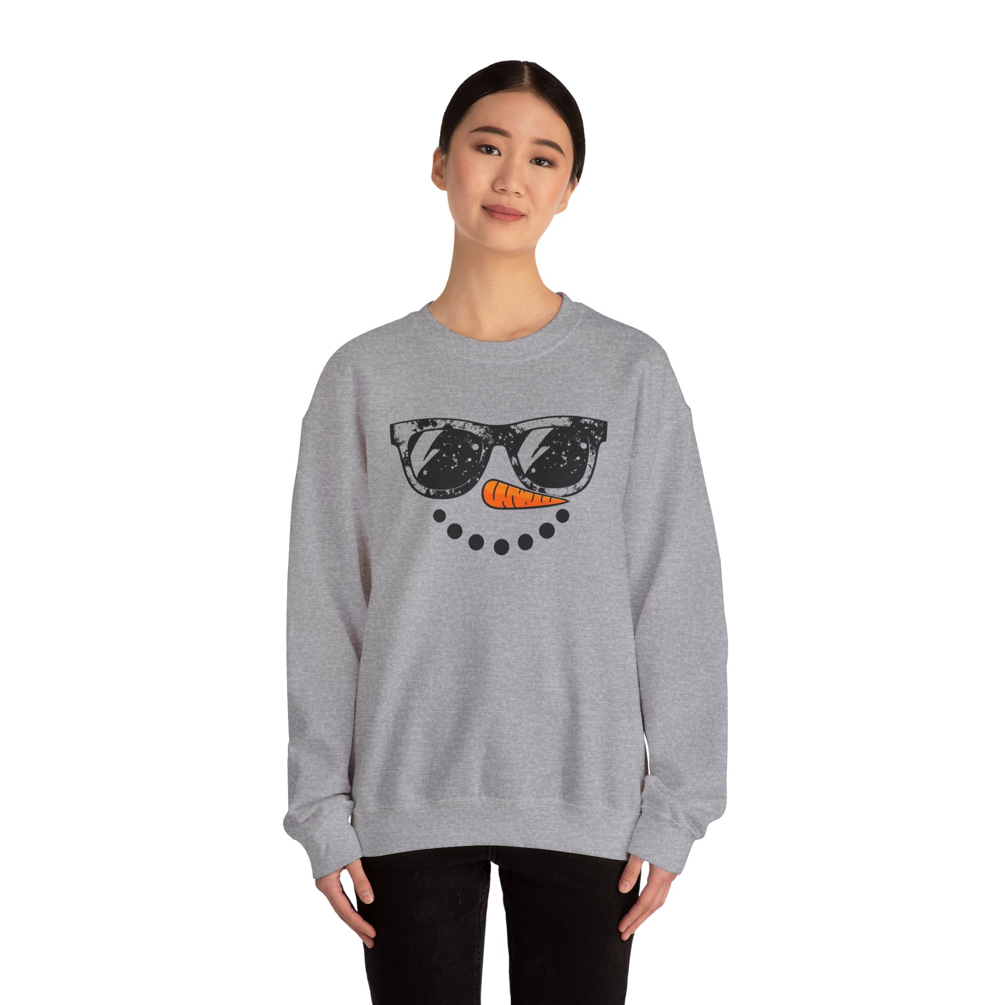 Snowman Face Crewneck Sweatshirt — Sunglasses & Carrot Nose Holiday Sweater