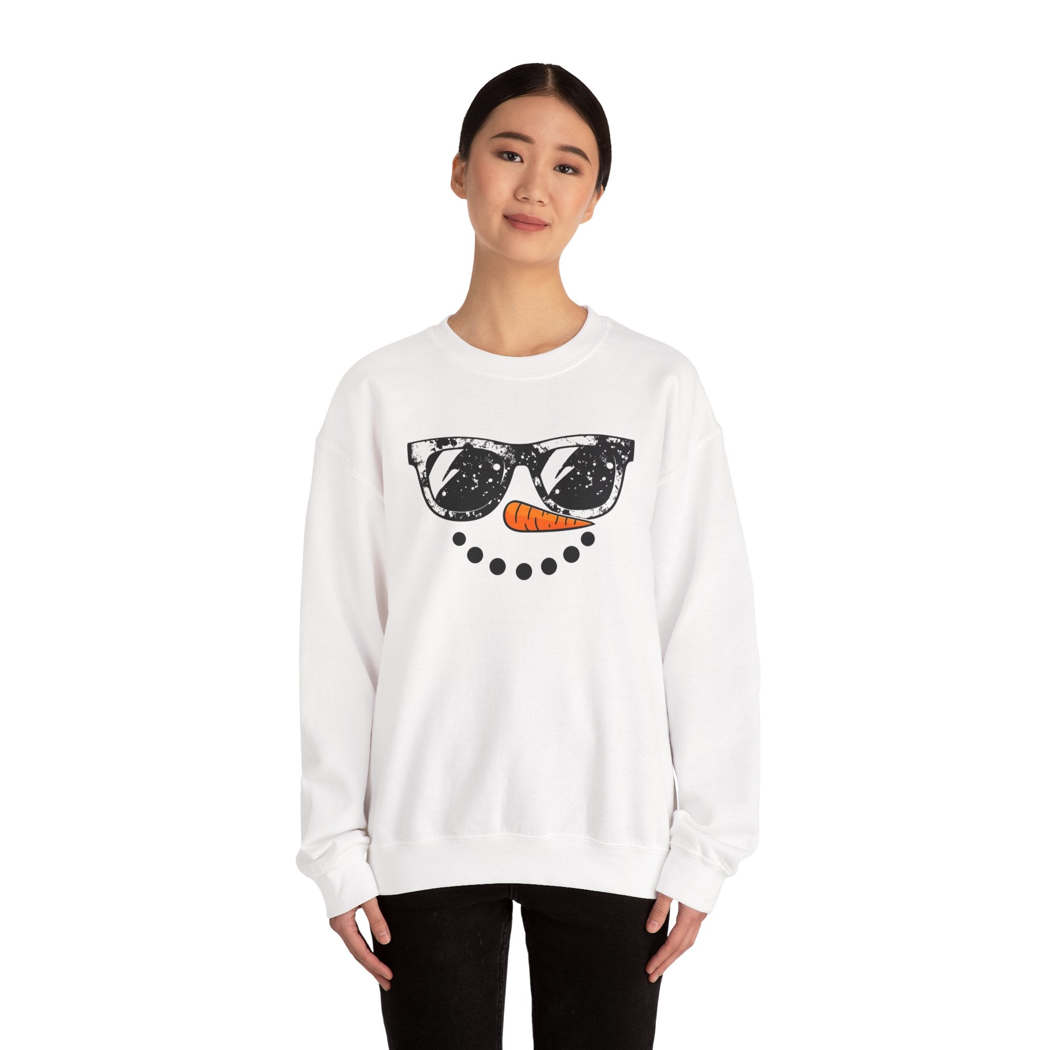 Snowman Face Crewneck Sweatshirt — Sunglasses & Carrot Nose Holiday Sweater