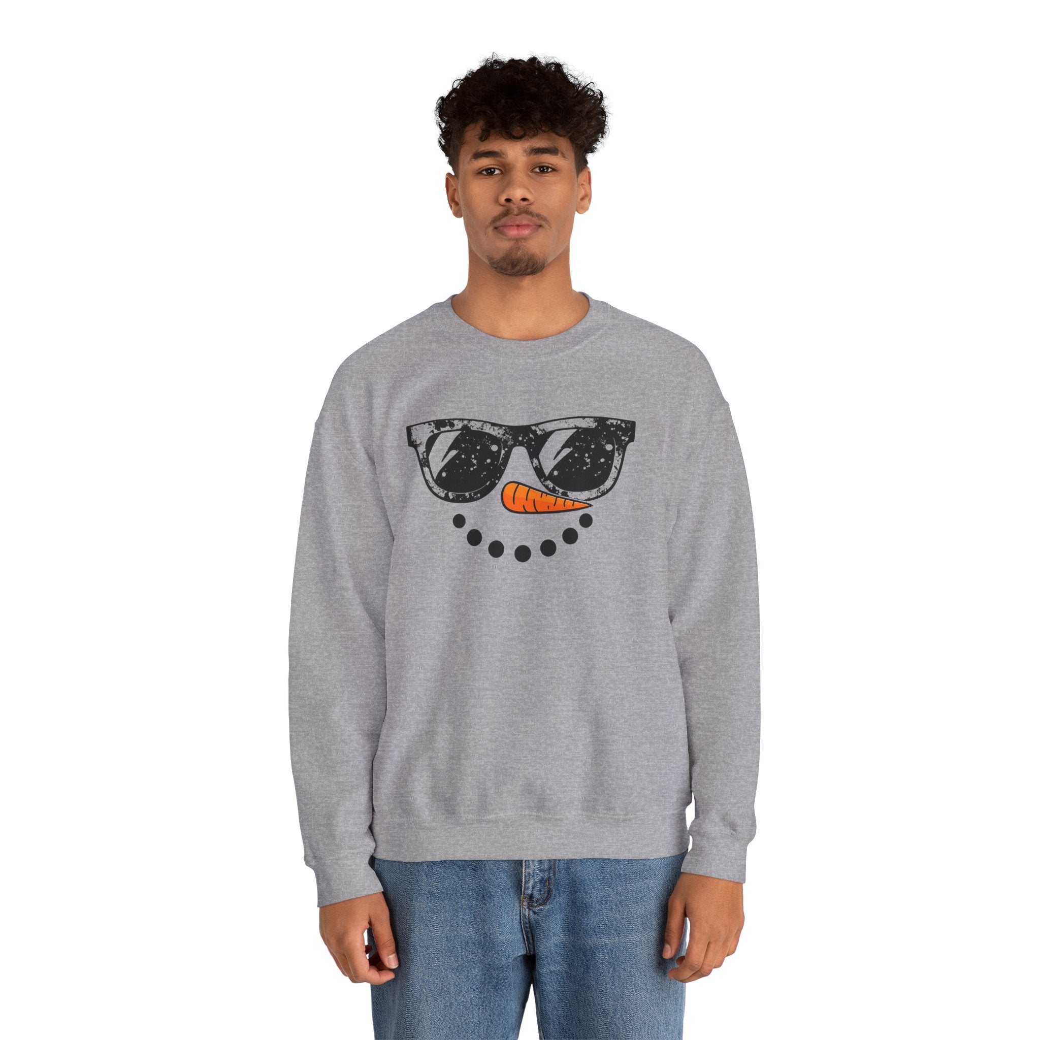 Snowman Face Crewneck Sweatshirt — Sunglasses & Carrot Nose Holiday Sweater