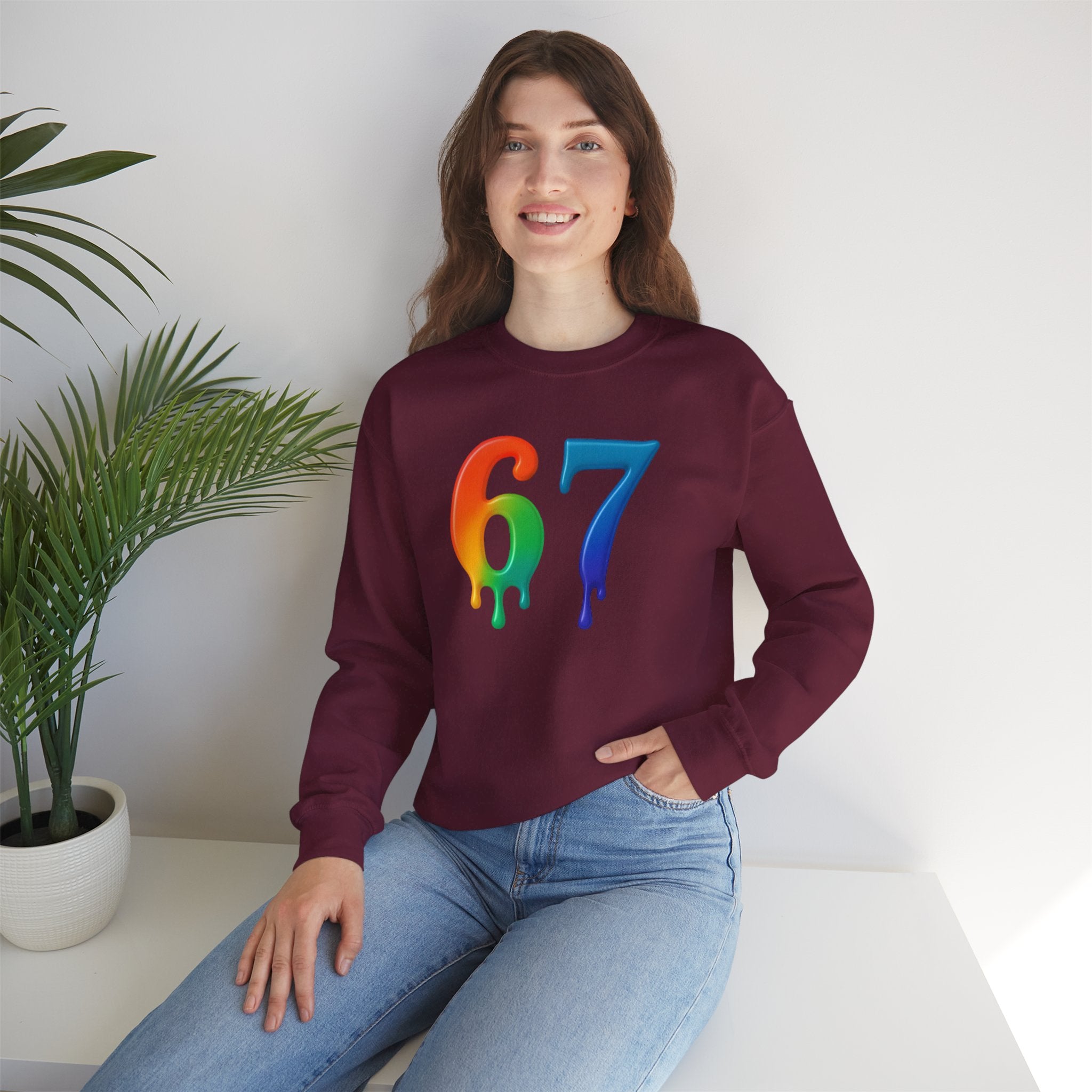 Colorful Drip 67 Sweatshirt, Cozy Unisex Crewneck, Gift for Friends, Rainbow Sweatshirt, Casual Everyday Wear, Birthday Apparel