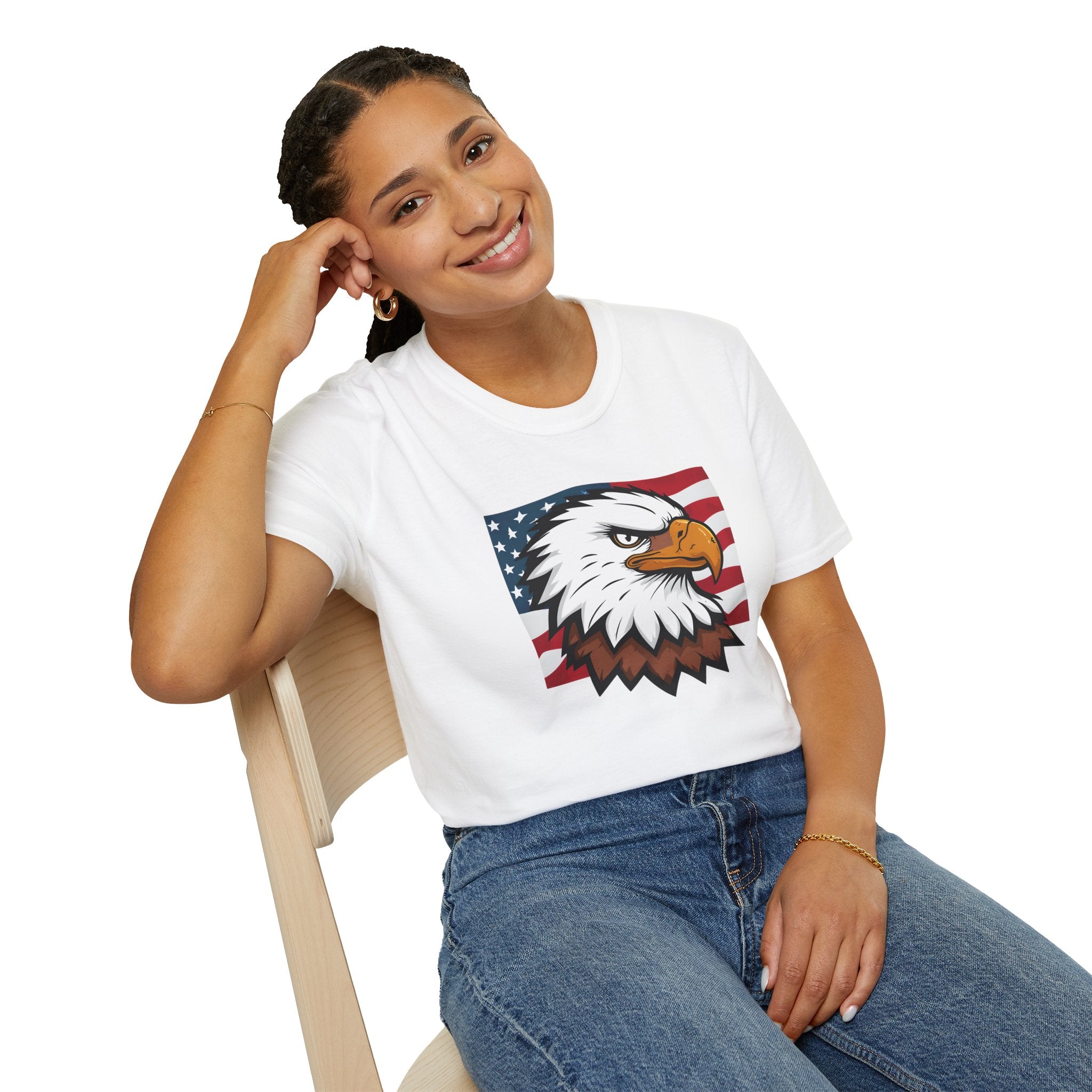 Patriotic Eagle Graphic T-Shirt, Unisex Softstyle Tee for Independence Day, Casual Wear, Gift for Veterans, American Pride Clothing
