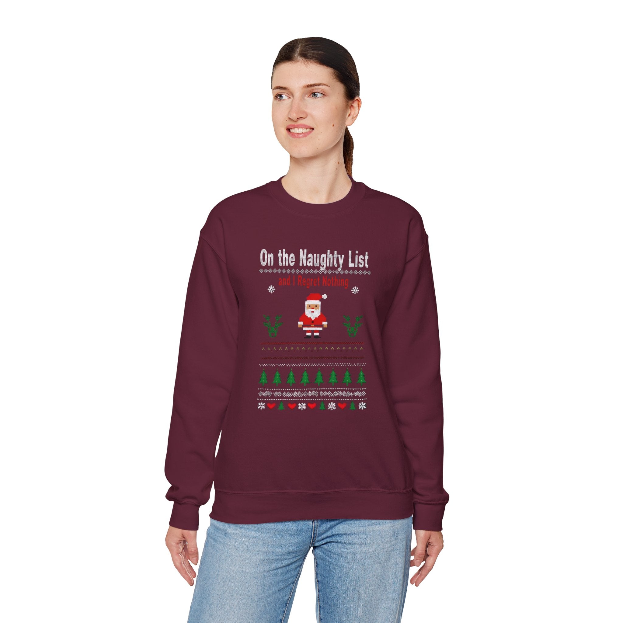 Festive Humor Sweatshirt: On the Naughty List, Christmas Gift, Holiday Apparel, Cozy Crewneck, Unisex Sweatshirt
