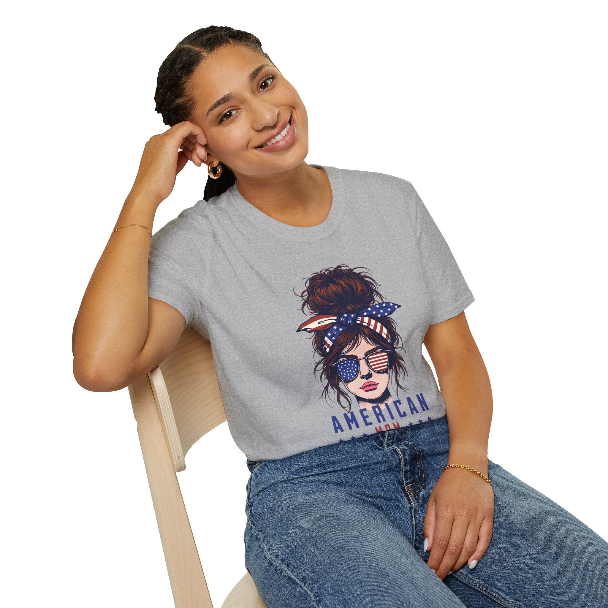 American Mom T-Shirt — Patriotic Messy Bun Sunglasses Tee