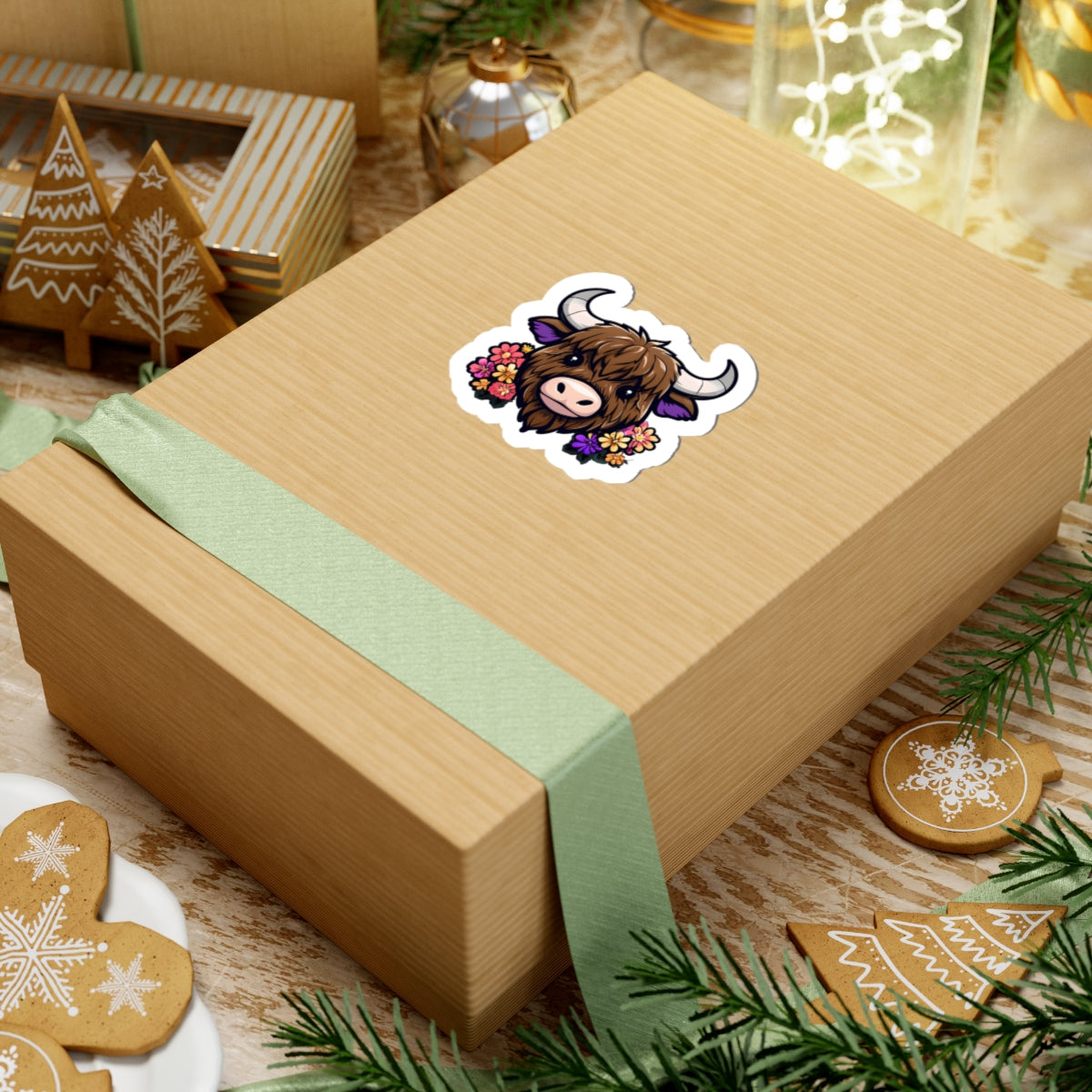 Adorable Highland Cow Kiss-Cut Stickers with Floral Accents