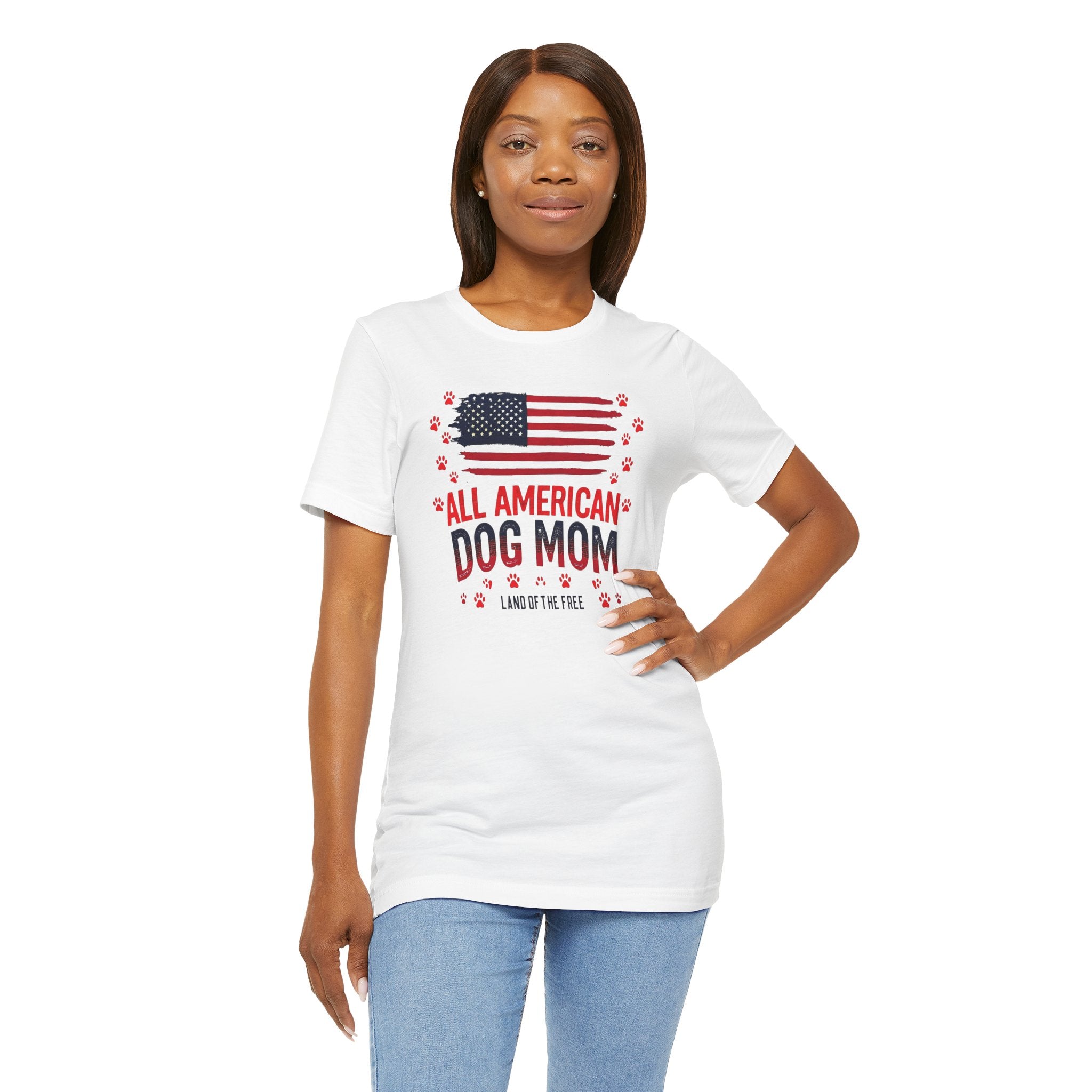 All American Dog Mom T-Shirt – Patriotic ‘Land of the Free’ Dog Mom Tee