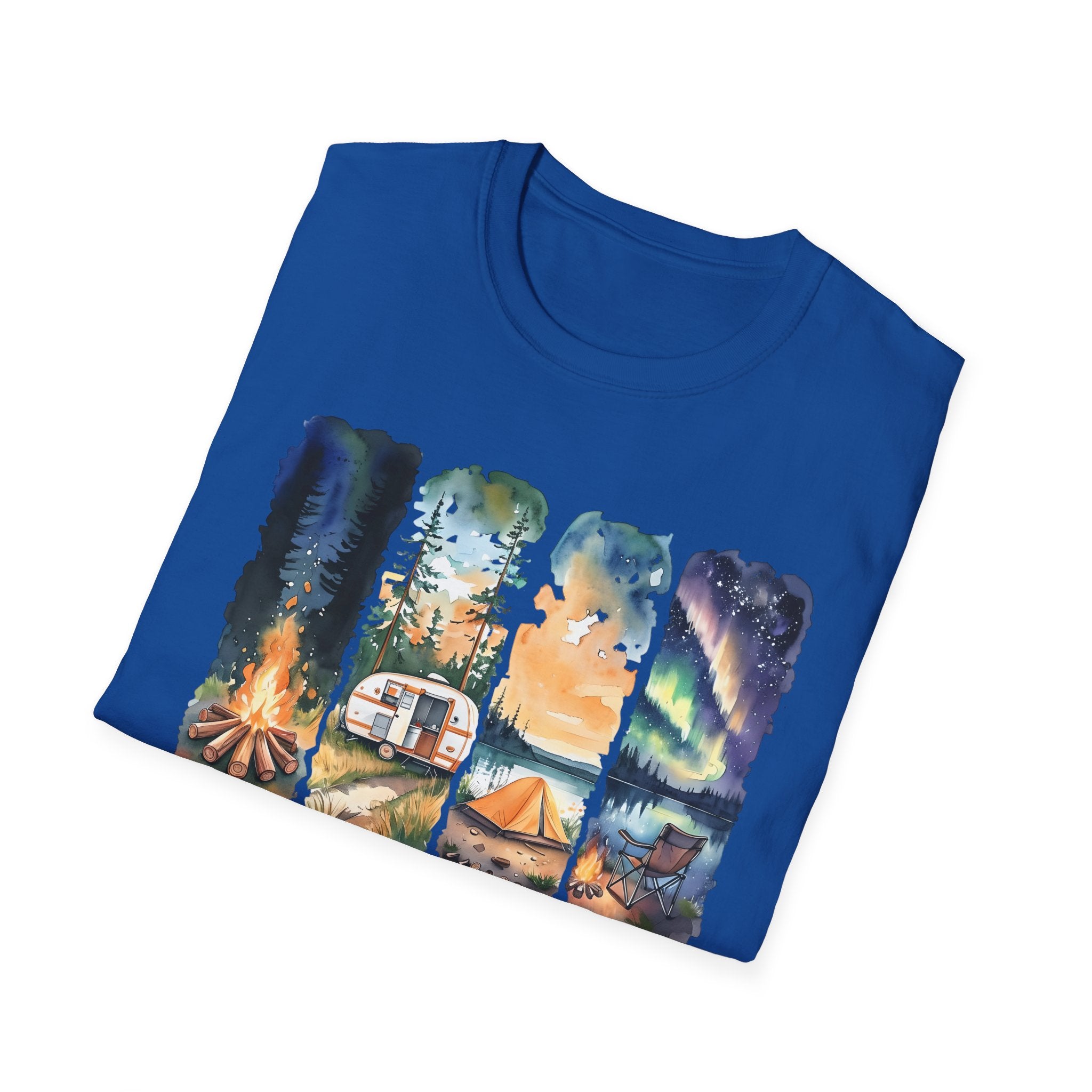 Camping Life T‑Shirt — Retro Campsite Scenes (Campfire, Trailer, Tent, Northern Lights)