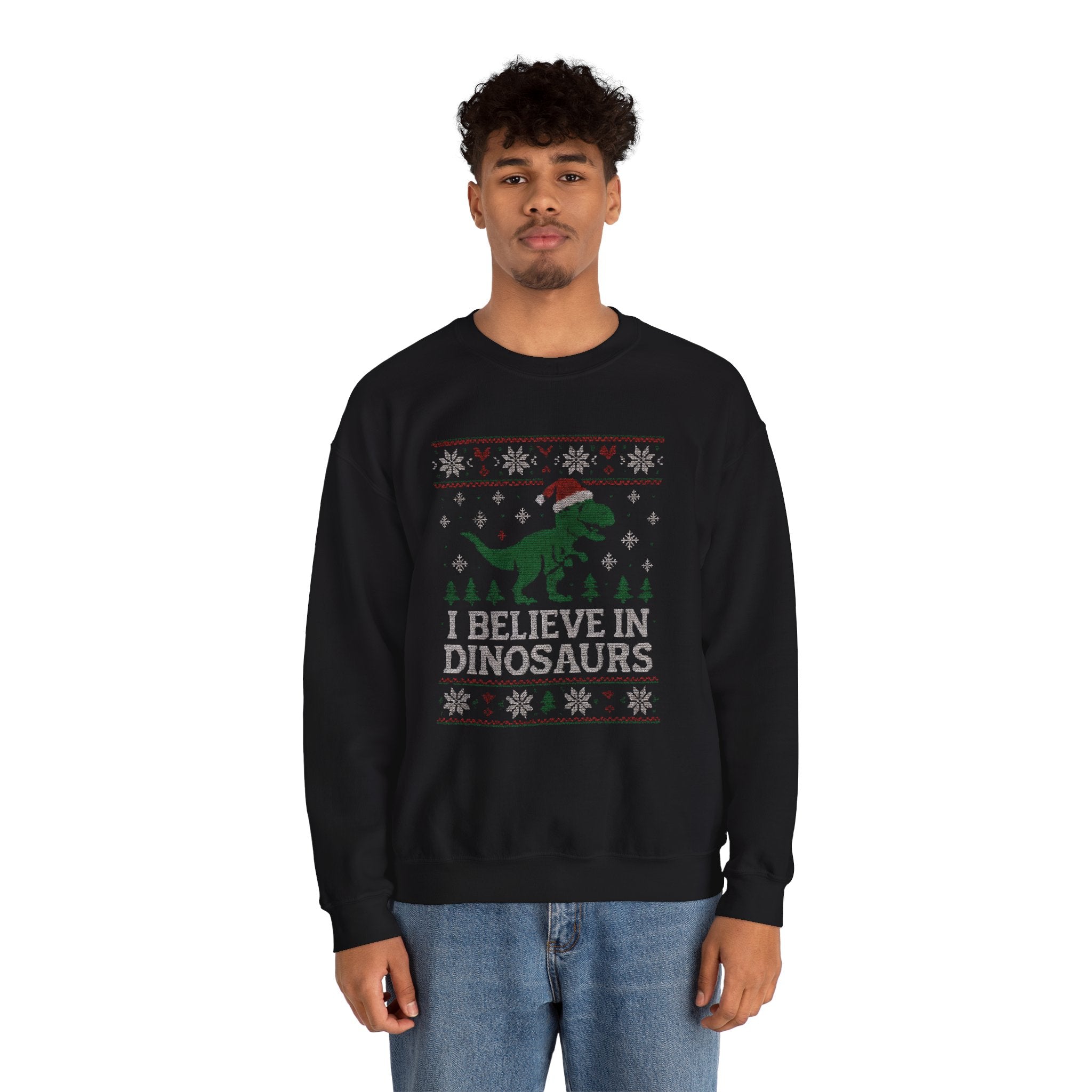 Festive Dinosaur Sweatshirt - I Believe in Dinosaurs, Unisex Crewneck, Christmas Gift, Holiday Apparel, Year-Round Fun