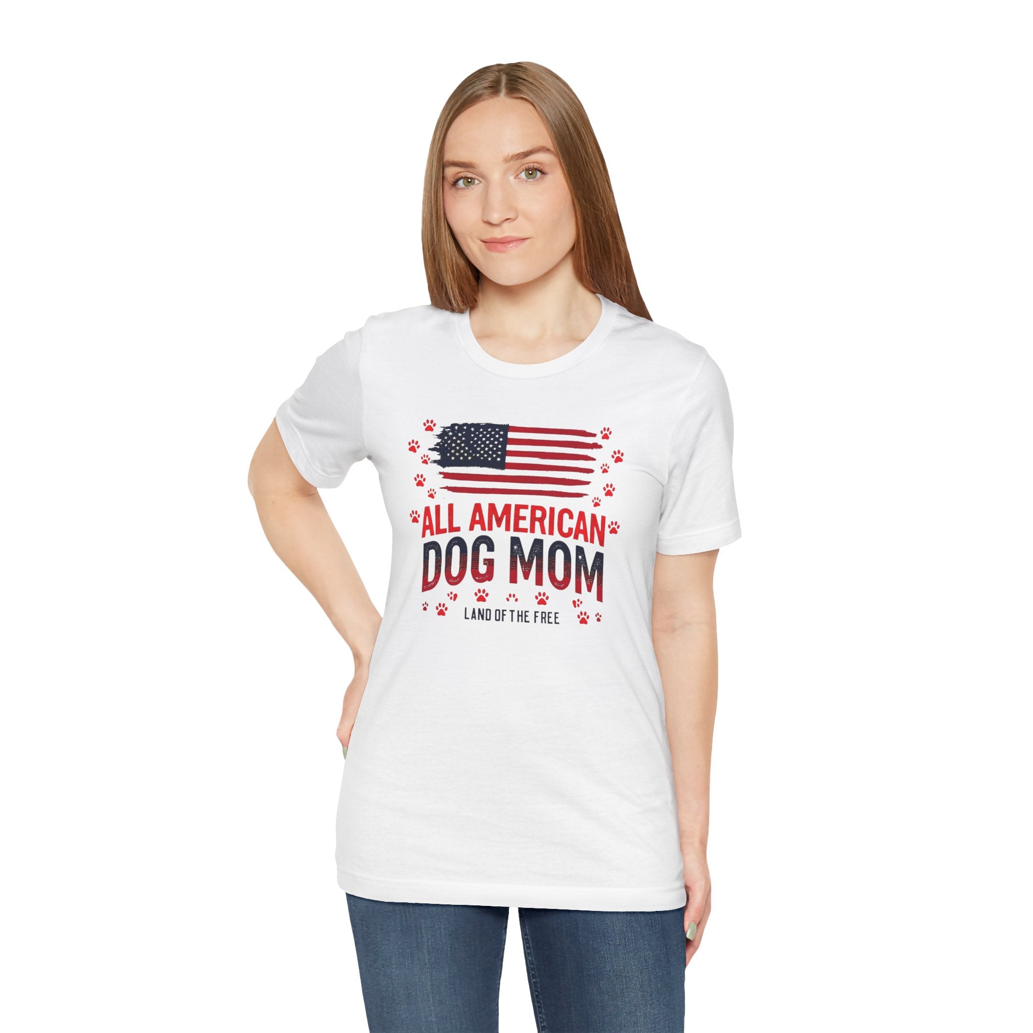 All American Dog Mom T-Shirt – Patriotic ‘Land of the Free’ Dog Mom Tee