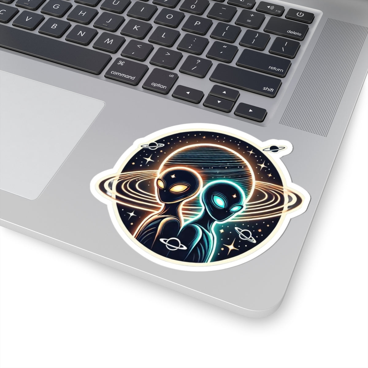 Alien Twins Planet Sticker — Neon Space Kiss-Cut Decal for Laptops & Water Bottles