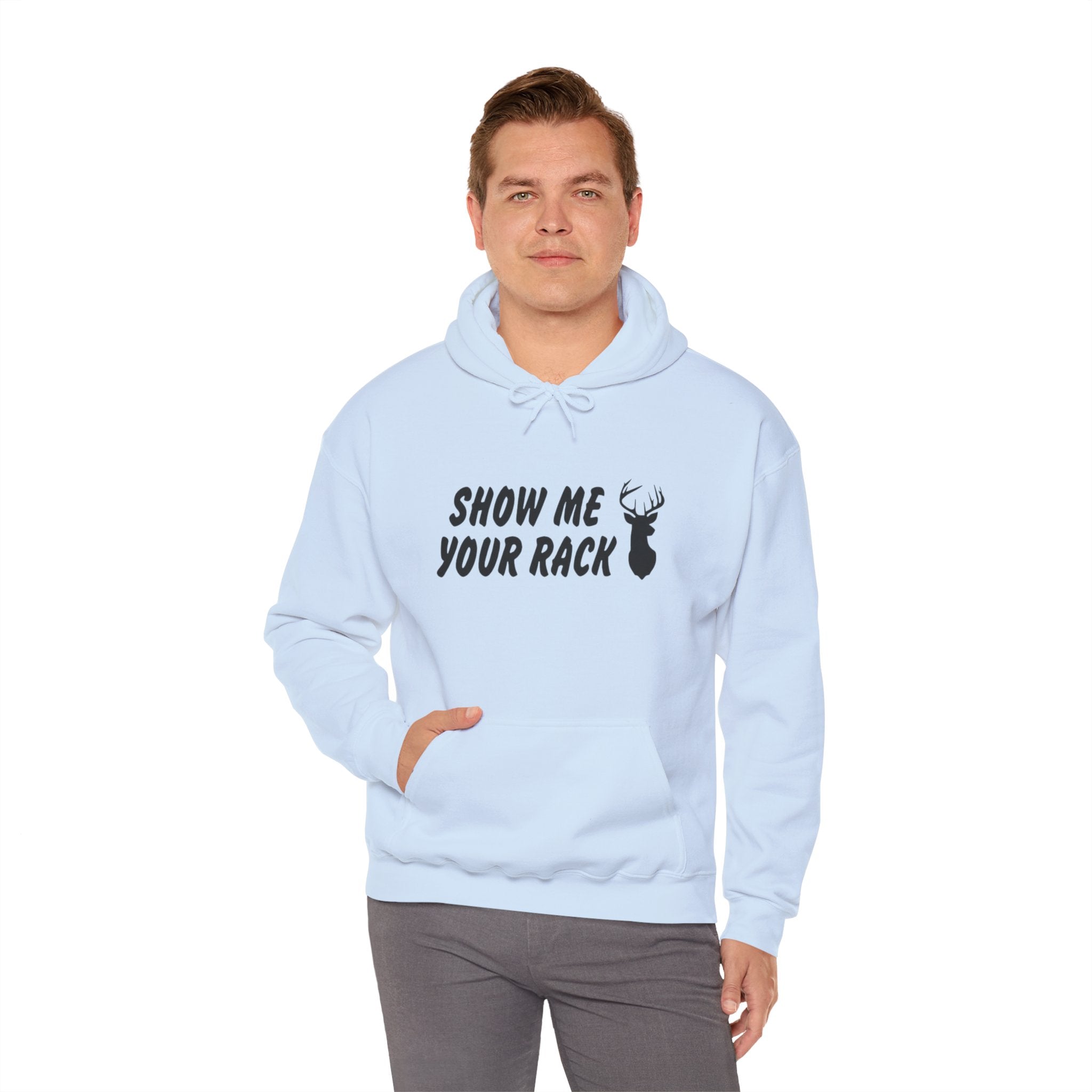 Funny Hunting Hoodie - Show Me Your Rack, Unisex Sweatshirt for Outdoors, Gift for Hunters, Casual Wear, Holiday Apparel