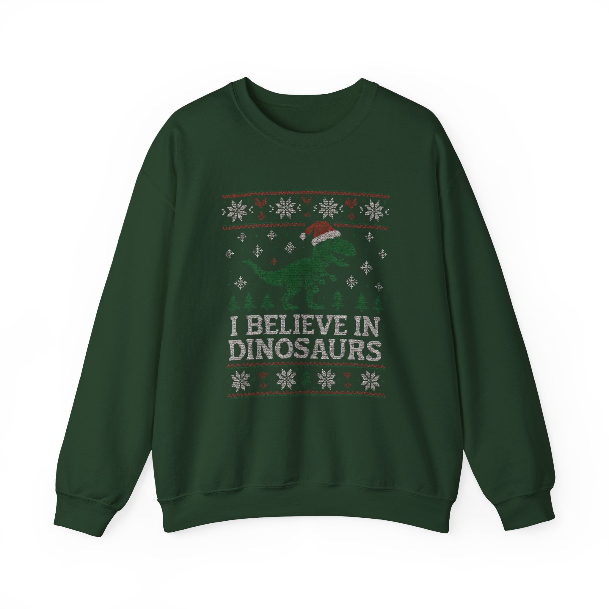Festive Dinosaur Sweatshirt - I Believe in Dinosaurs, Unisex Crewneck, Christmas Gift, Holiday Apparel, Year-Round Fun