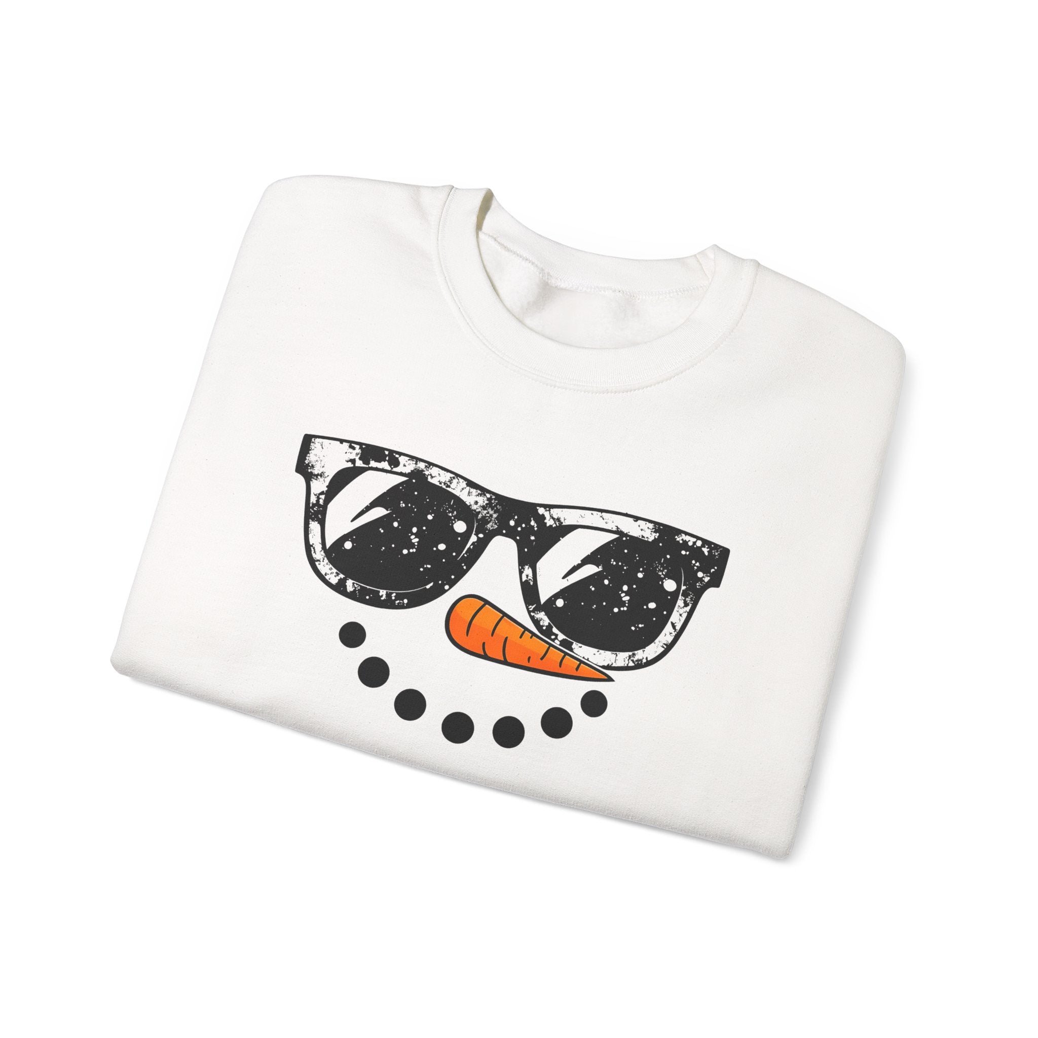 Snowman Face Crewneck Sweatshirt — Sunglasses & Carrot Nose Holiday Sweater