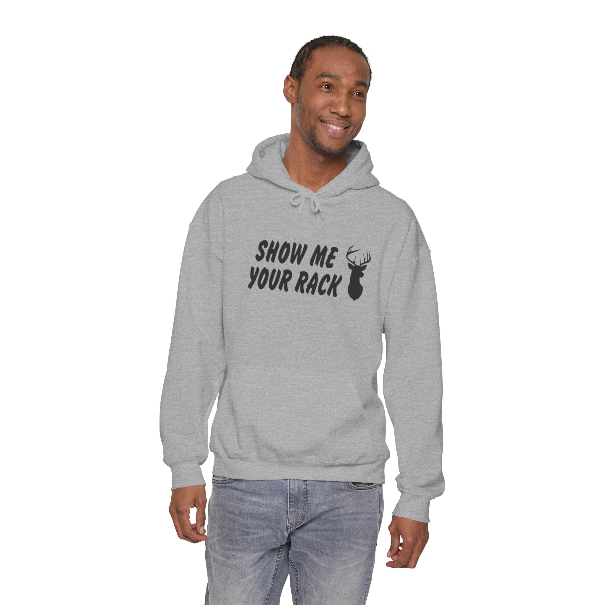 Funny Hunting Hoodie - Show Me Your Rack, Unisex Sweatshirt for Outdoors, Gift for Hunters, Casual Wear, Holiday Apparel