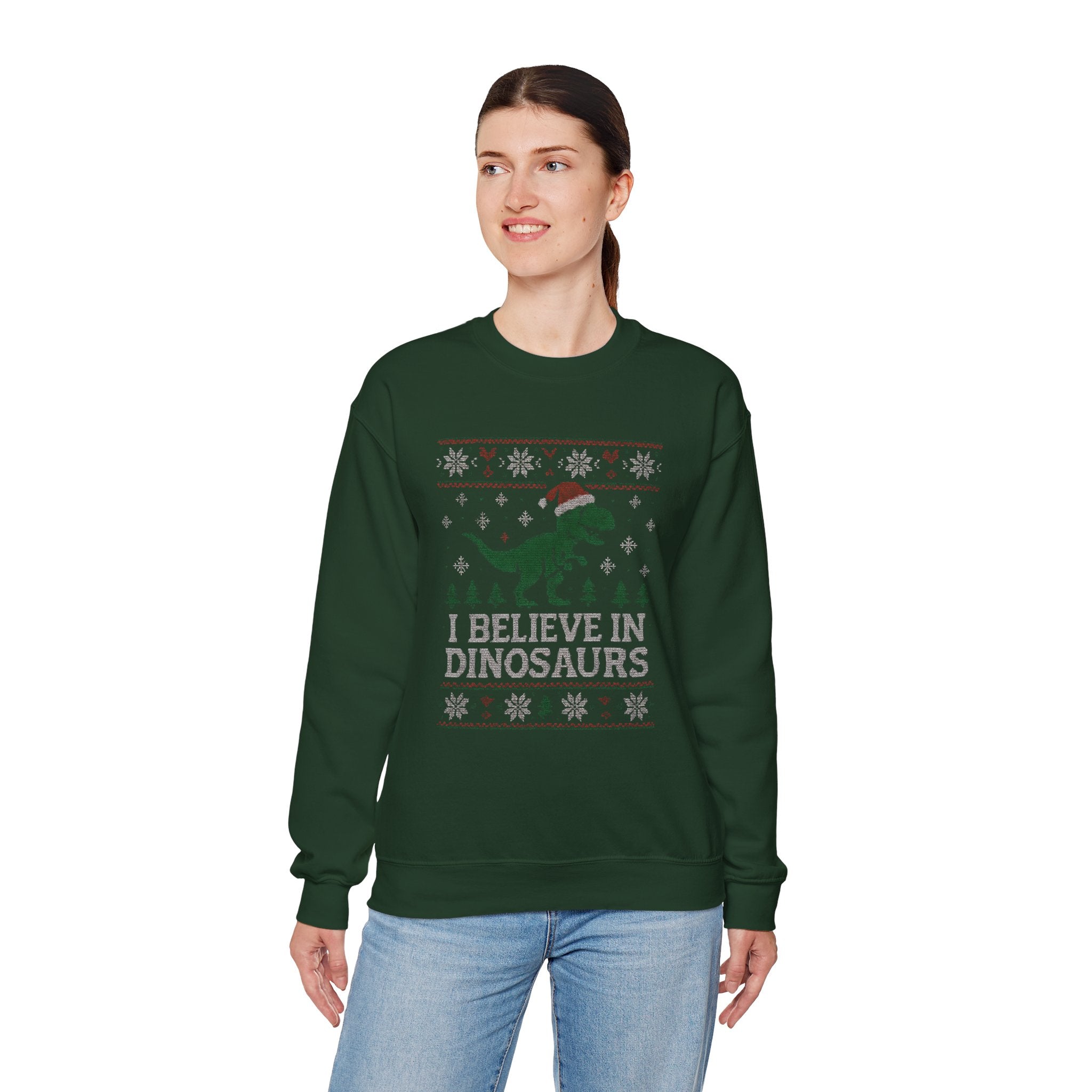 Festive Dinosaur Sweatshirt - I Believe in Dinosaurs, Unisex Crewneck, Christmas Gift, Holiday Apparel, Year-Round Fun