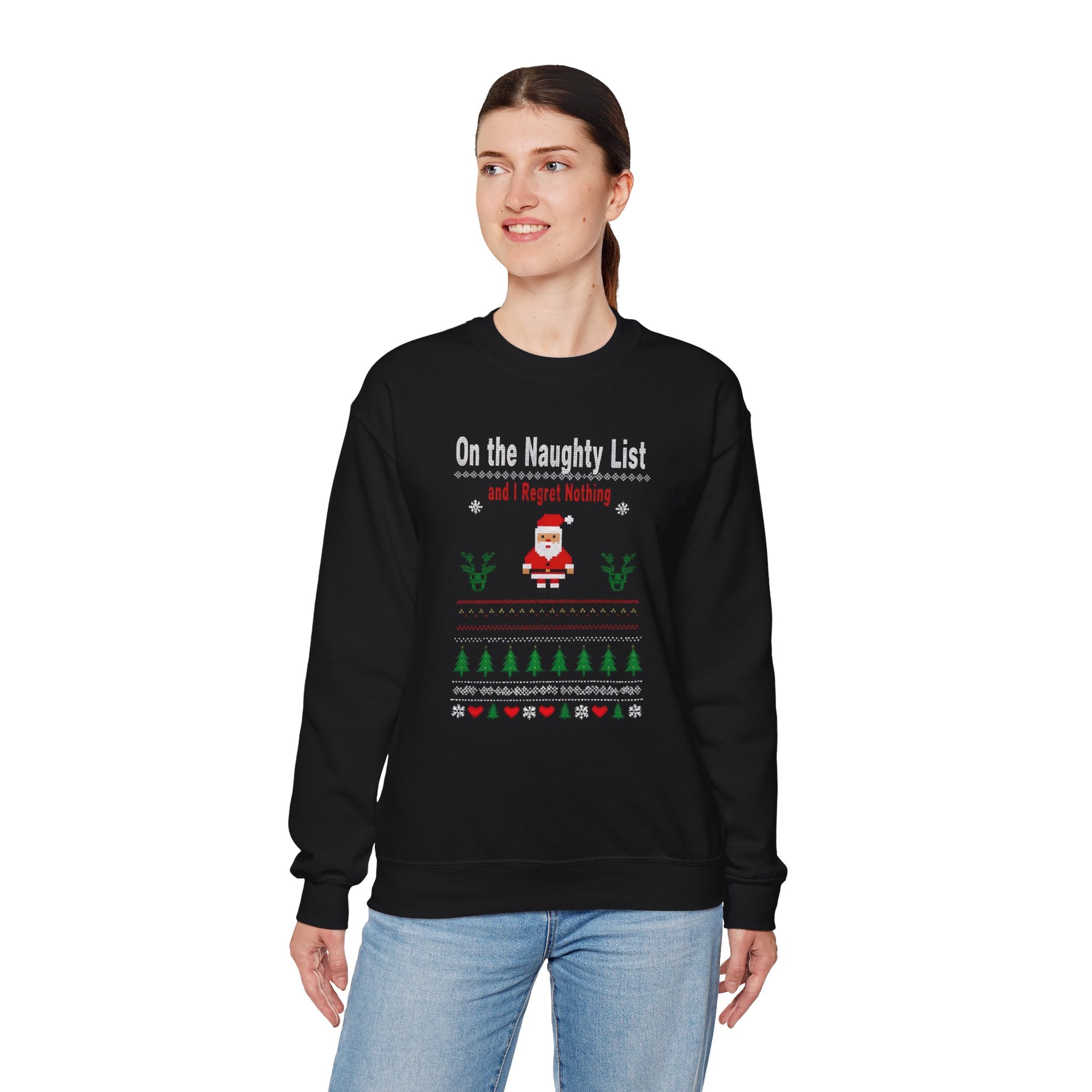 Festive Humor Sweatshirt: On the Naughty List, Christmas Gift, Holiday Apparel, Cozy Crewneck, Unisex Sweatshirt