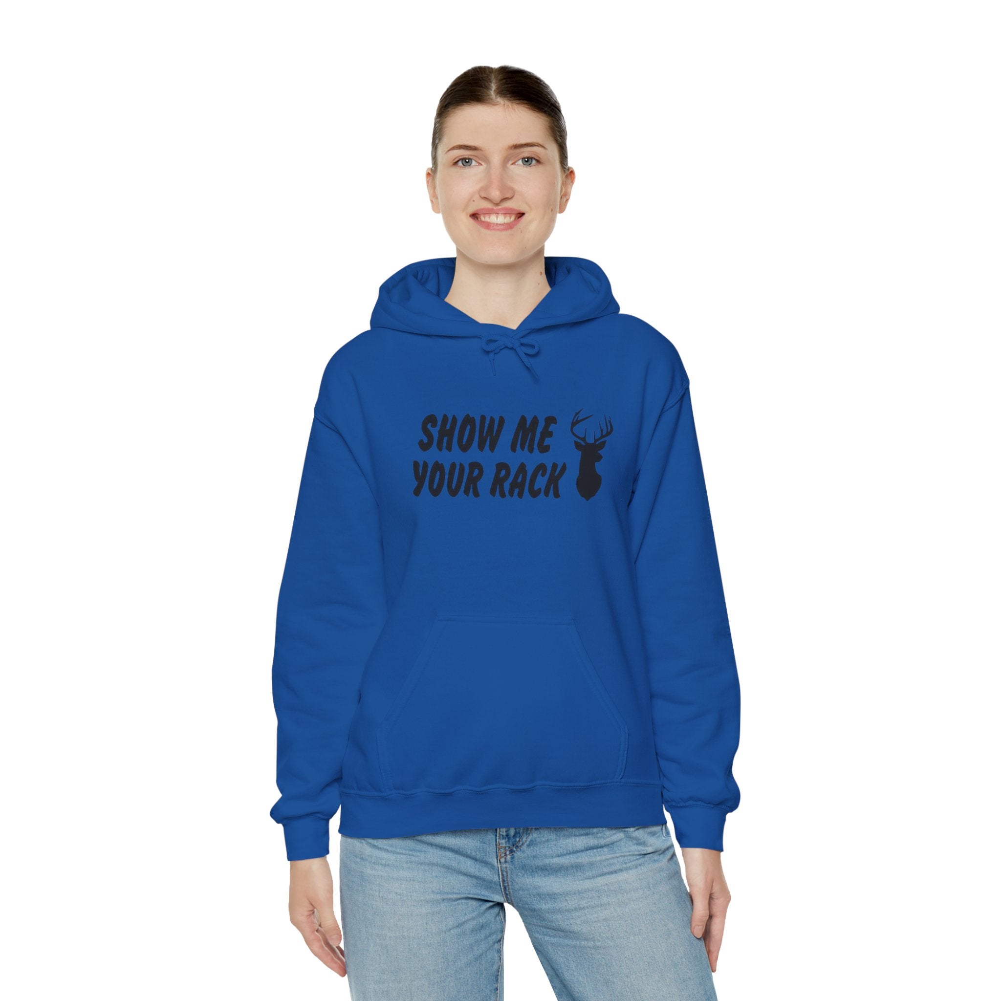 Funny Hunting Hoodie - Show Me Your Rack, Unisex Sweatshirt for Outdoors, Gift for Hunters, Casual Wear, Holiday Apparel