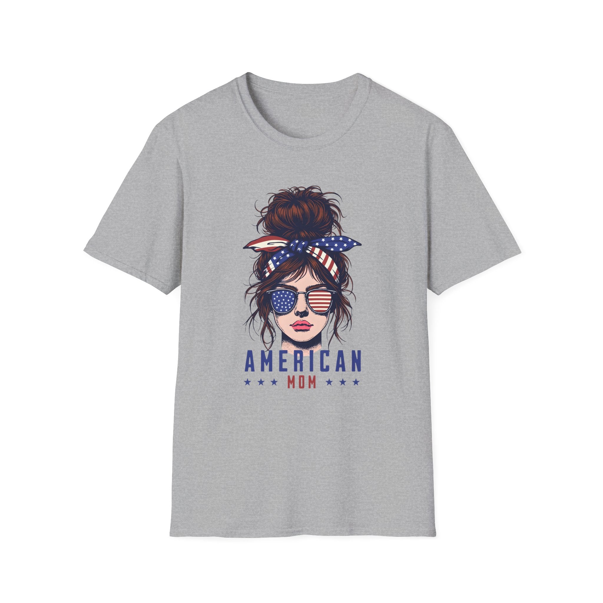 American Mom T-Shirt — Patriotic Messy Bun Sunglasses Tee