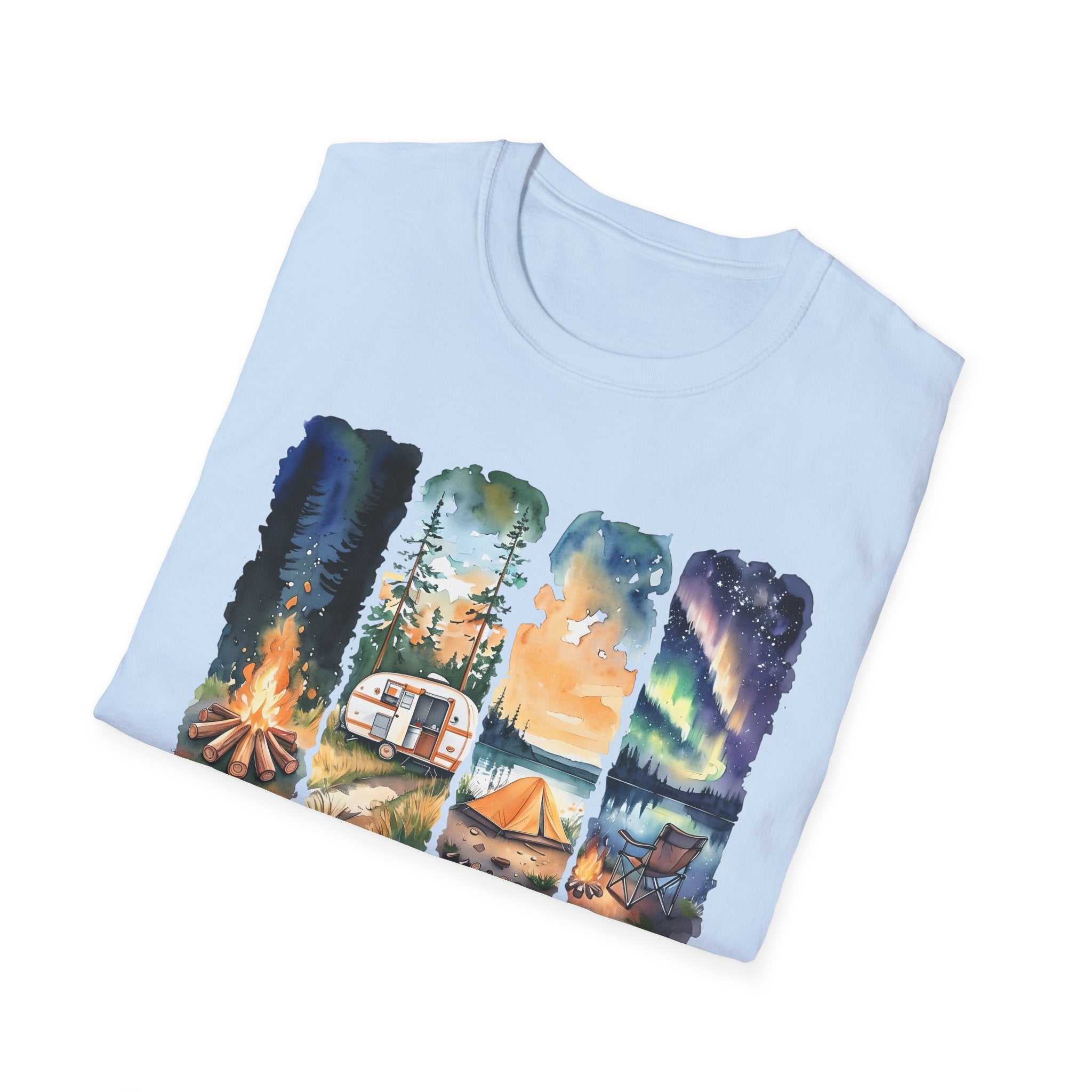 Camping Life T‑Shirt — Retro Campsite Scenes (Campfire, Trailer, Tent, Northern Lights)