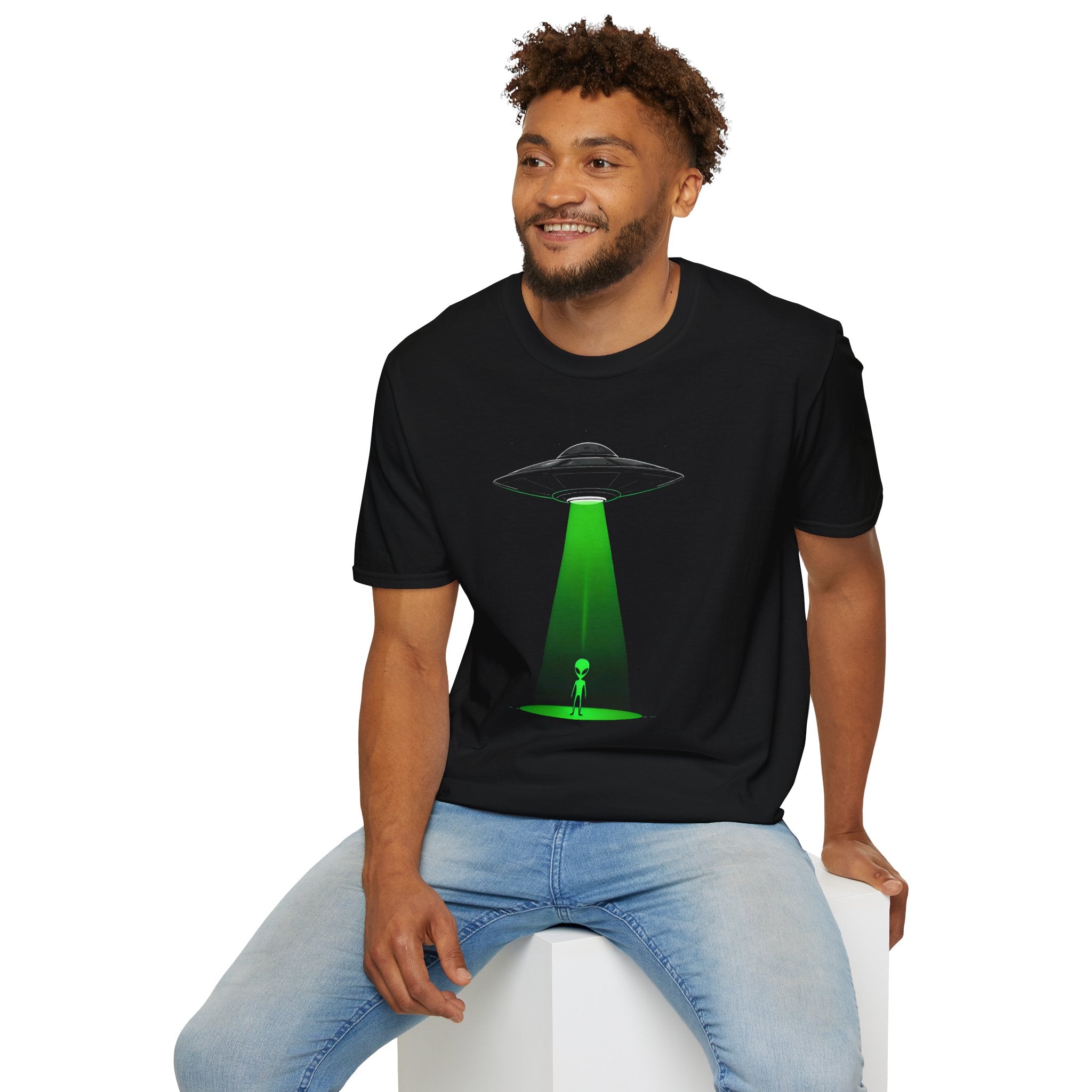 Alien Abduction T-Shirt — Neon UFO Beam Graphic Tee