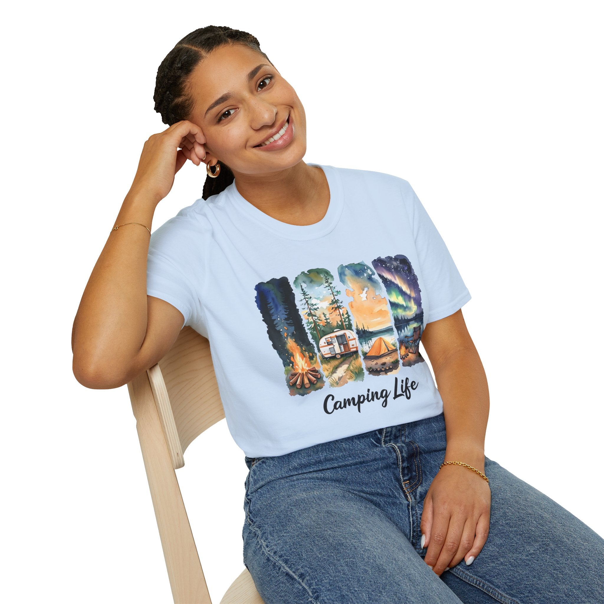 Camping Life T‑Shirt — Retro Campsite Scenes (Campfire, Trailer, Tent, Northern Lights)