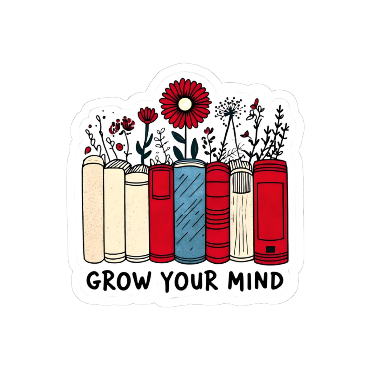 Inspirational Kiss-Cut Stickers - "Grow Your Mind" Floral Book Design
