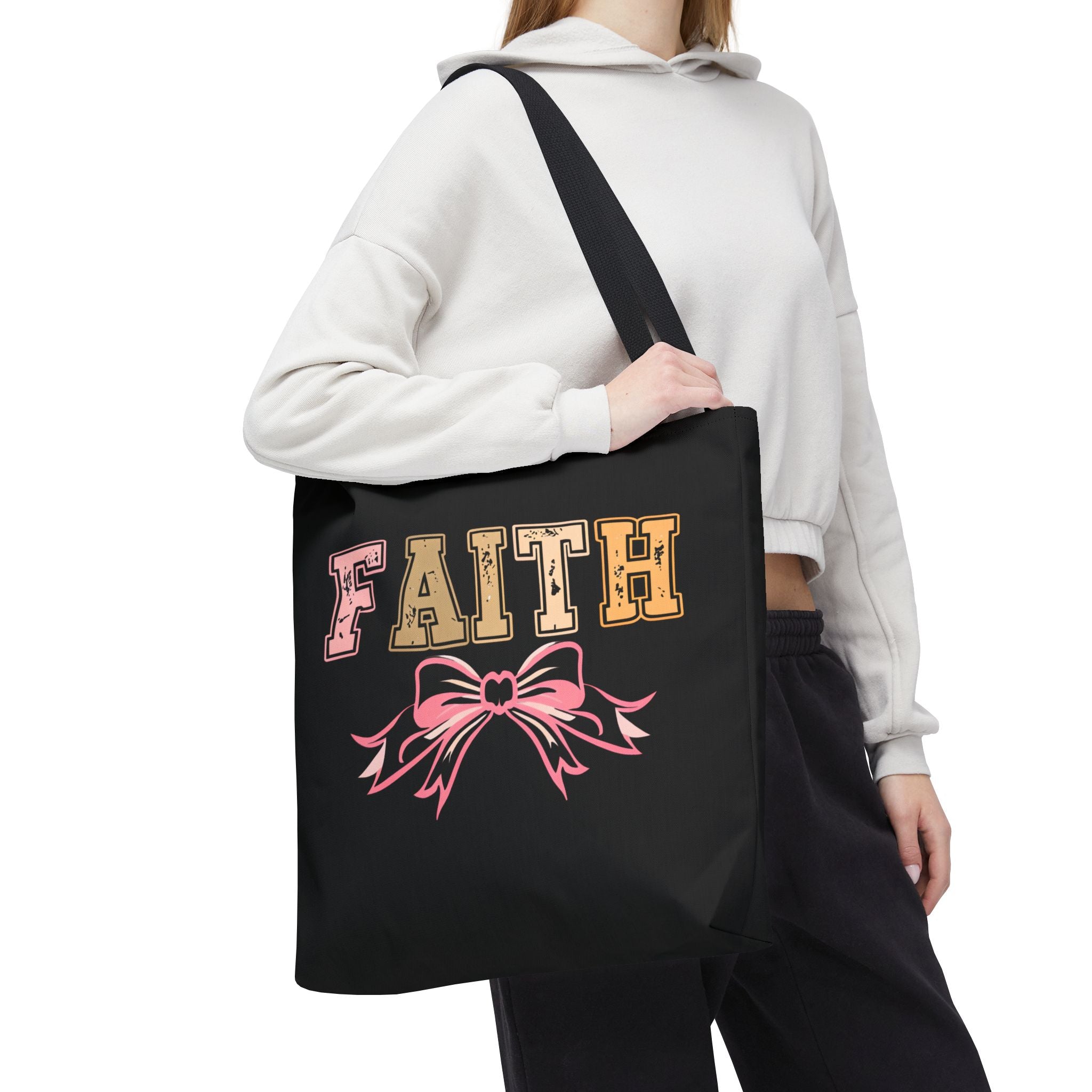 Faith Tote Bag with Bow Design, Inspirational Gift for Her, Everyday Shopping Bag, Faith-Based Gift, Religious Tote, Faith Quote Bag