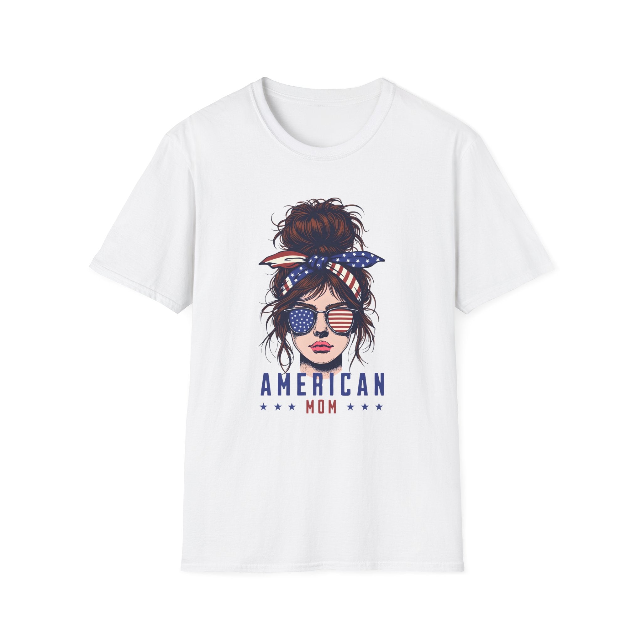 American Mom T-Shirt — Patriotic Messy Bun Sunglasses Tee